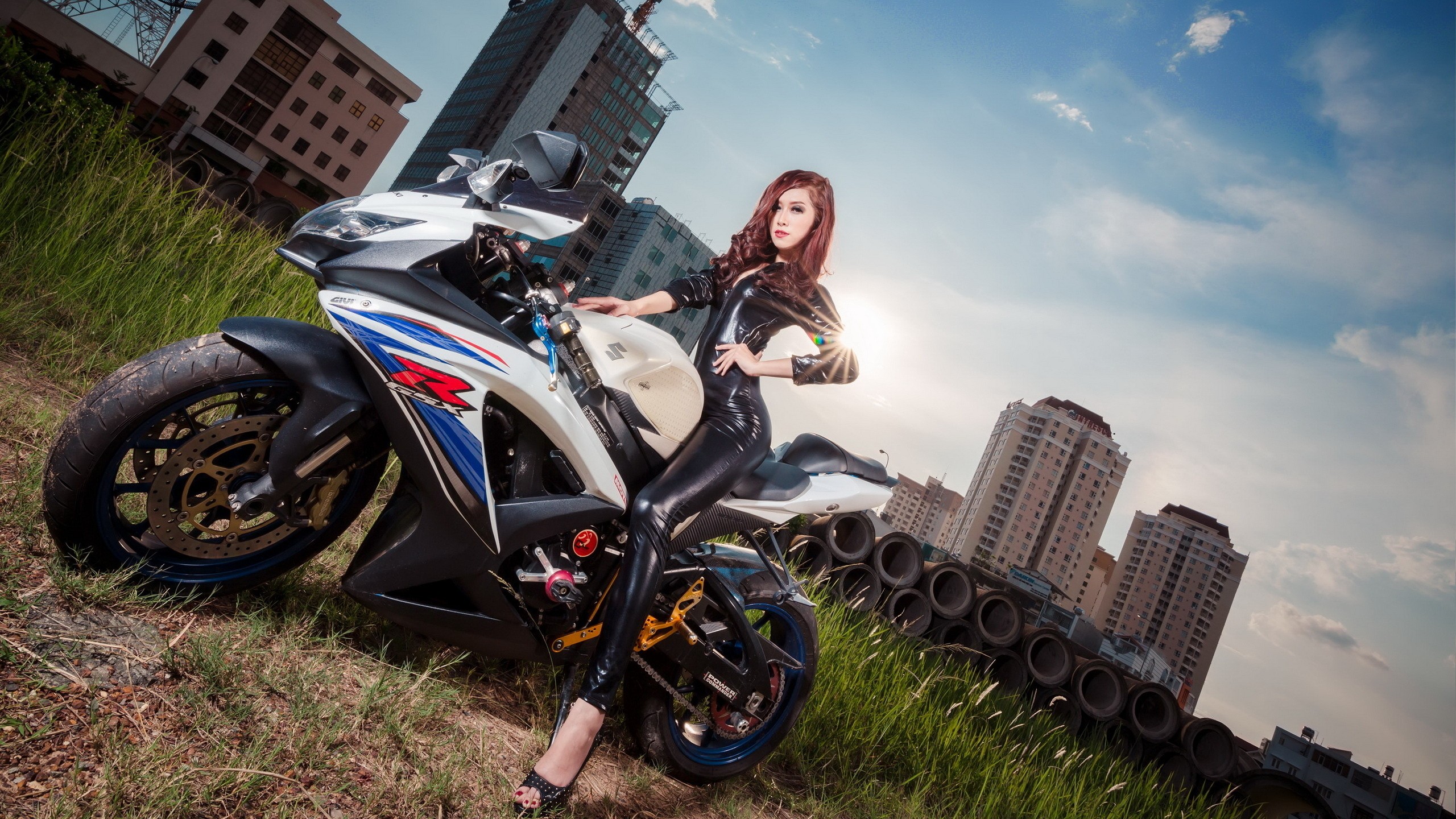 Leather Suzuki GSX R Suzuki Women Asian Redhead Black Dress City Vehicle Women With Bikes Motorcycle 2560x1440