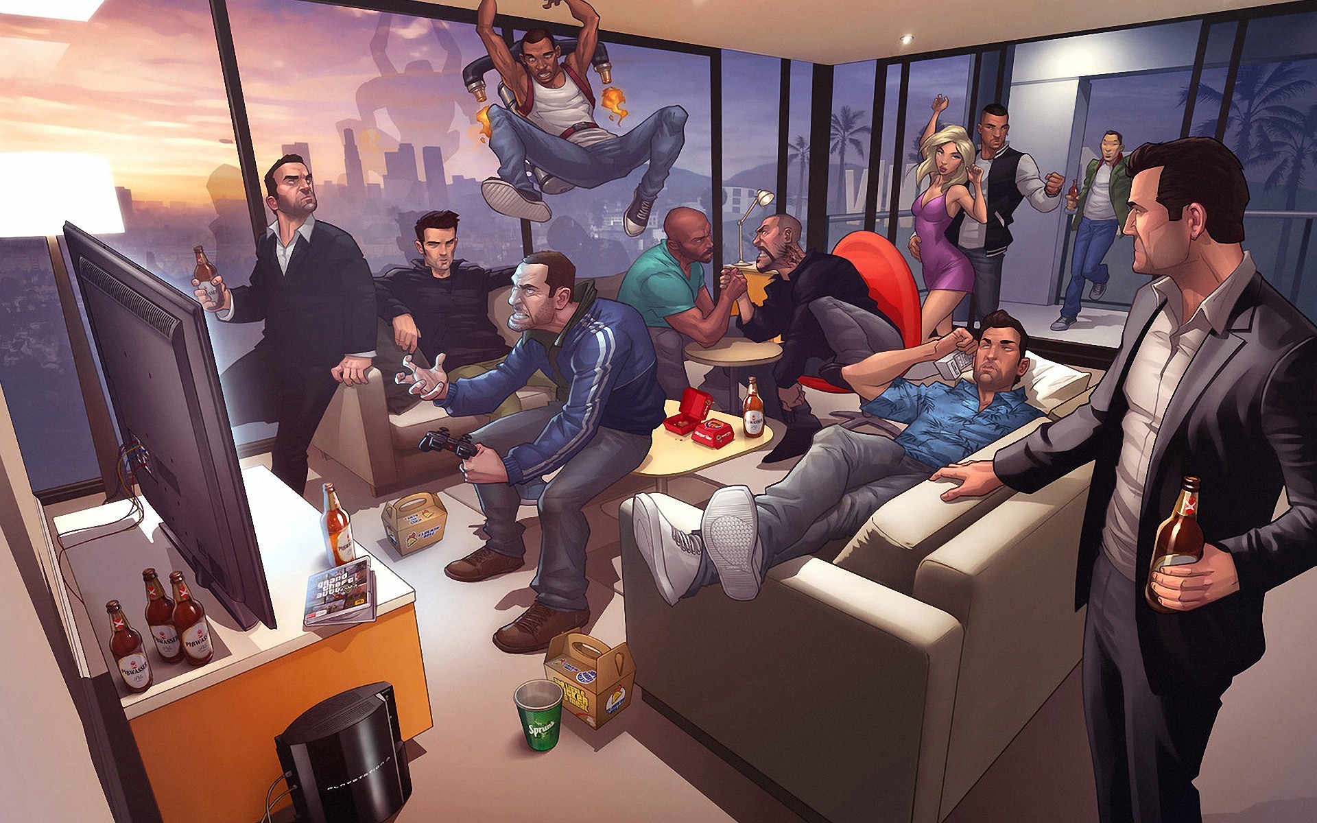 Grand Theft Auto Grand Theft Auto V Video Games Digital Art PlayStation 3 Jetpack Couch TV Grand The 1920x1200