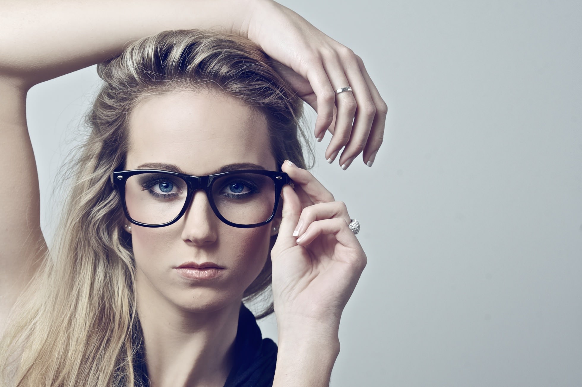 Women Blonde Face Portrait Women With Glasses White Background Touching Glasses 1960x1306