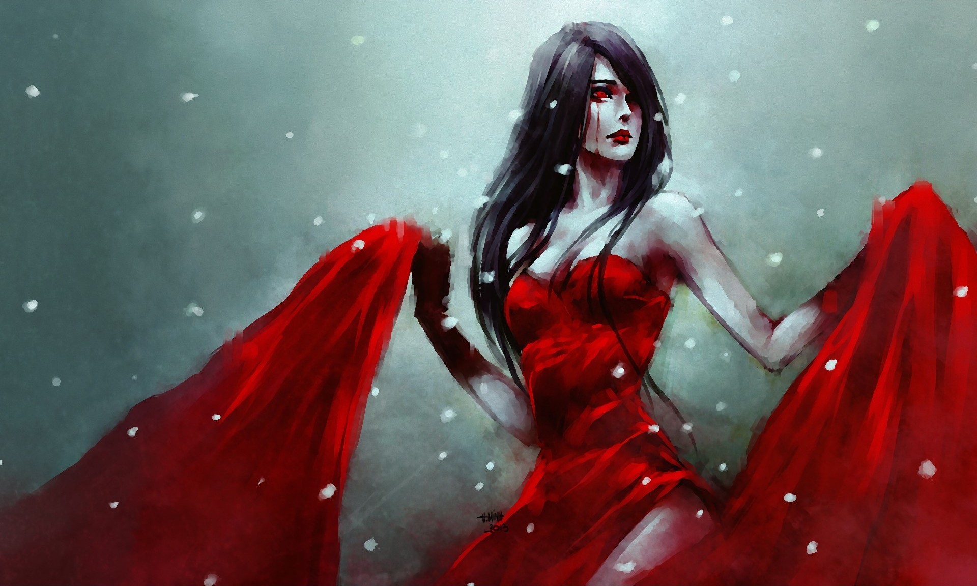 Artwork NanFe Red Dress Women Dress Brunette Fantasy Art Red Winter Eyes 1920x1152