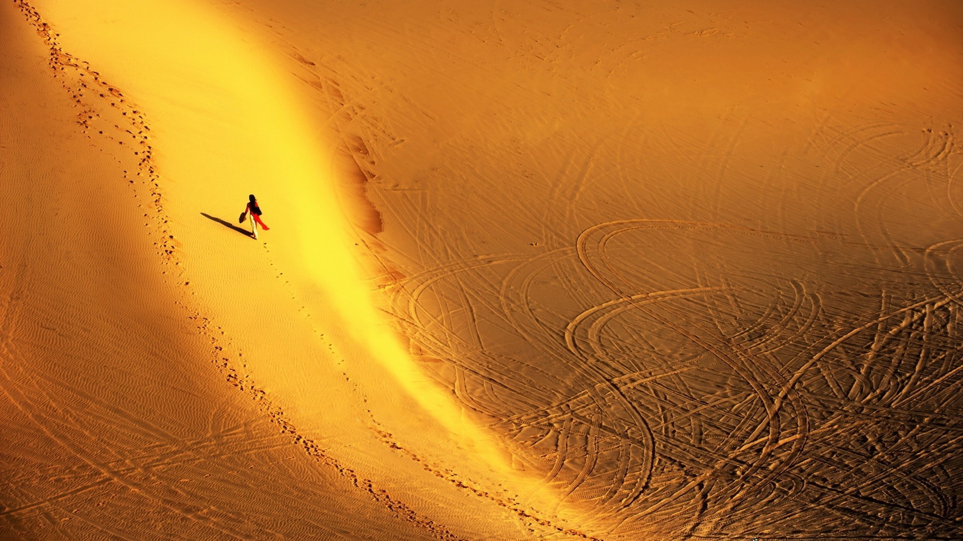 Aerial View Nature Landscape Desert Sand Women Footprints Sunlight Shadow Tire Tracks 1920x1080