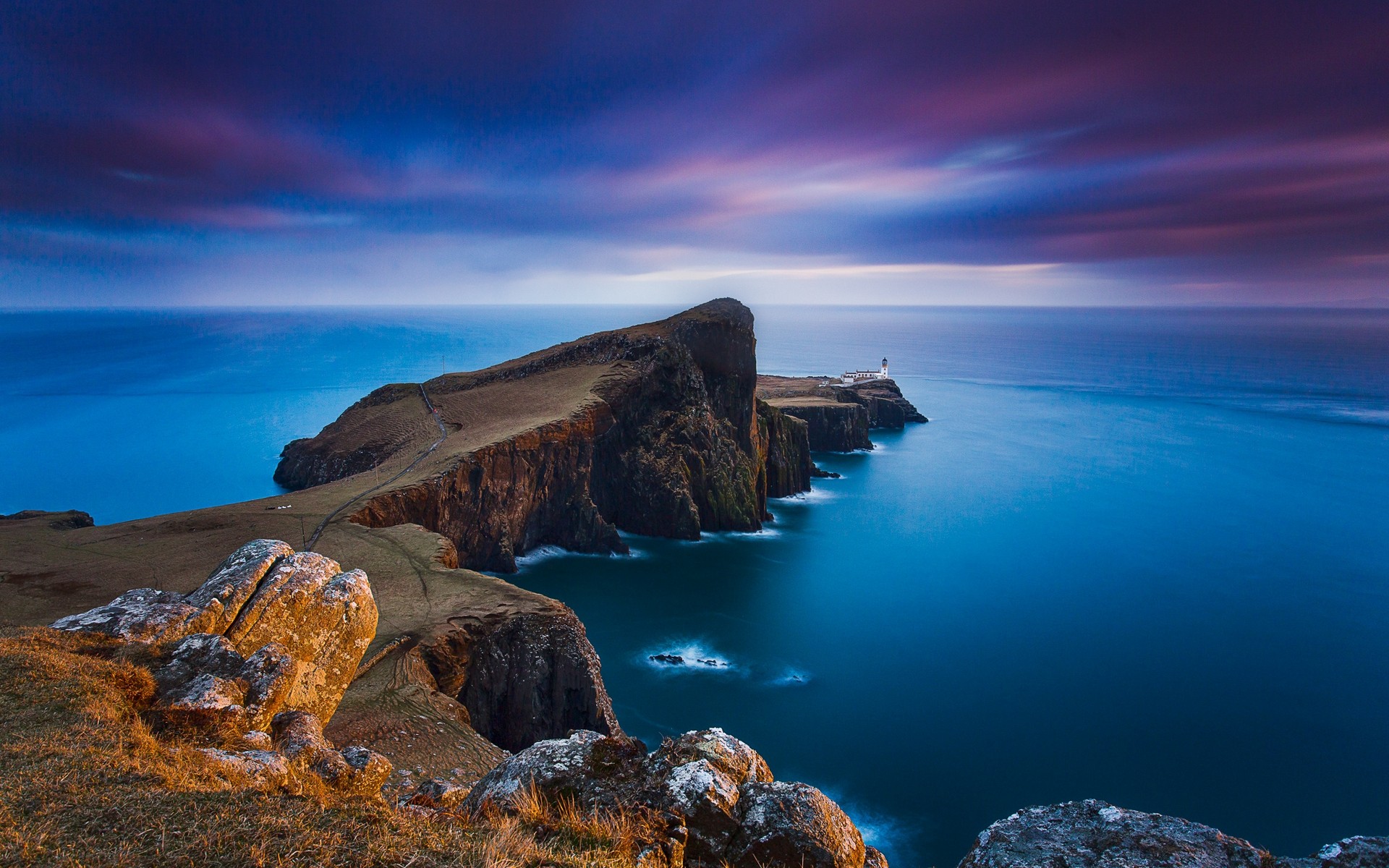 Nature Landscape Lighthouse Sunset Sea Cliff Clouds Coast Horizon Blue Scotland Skye 1920x1200