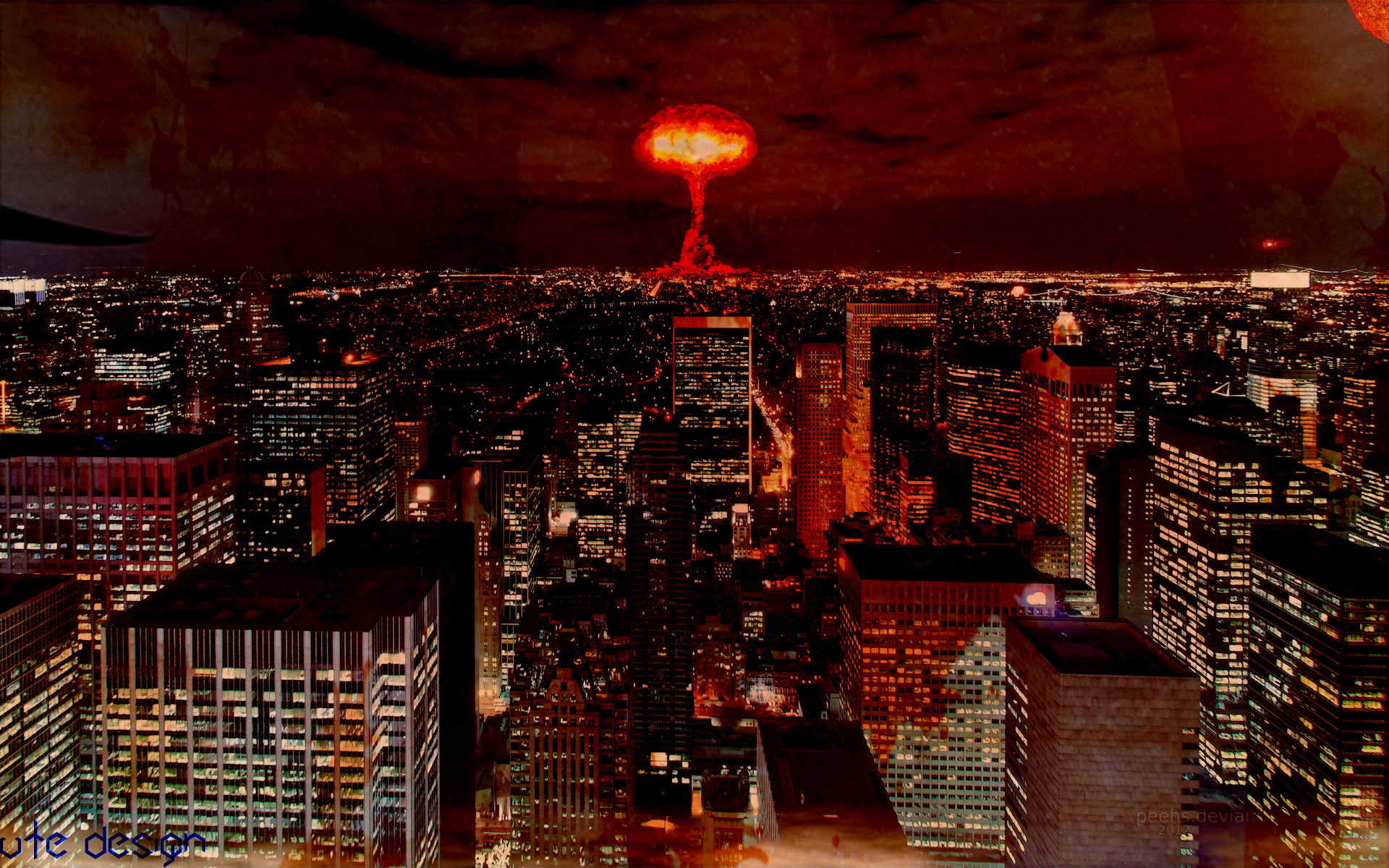 Apocalyptic Cityscape Atomic Bomb Digital Art Dark Sky Red Orange 1920x1200