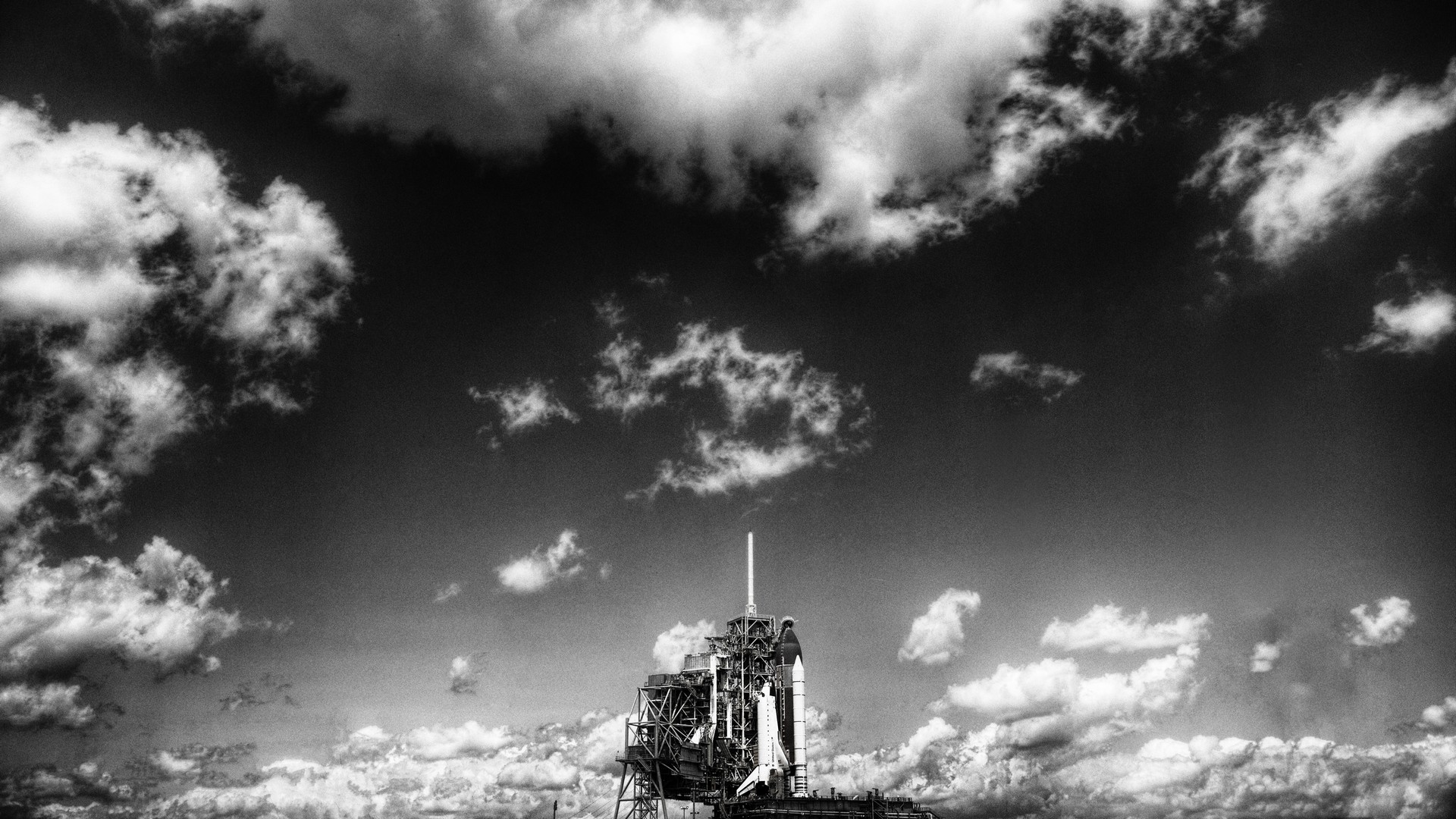 Rocket Spaceship Monochrome Launching Clouds Sky 1920x1080