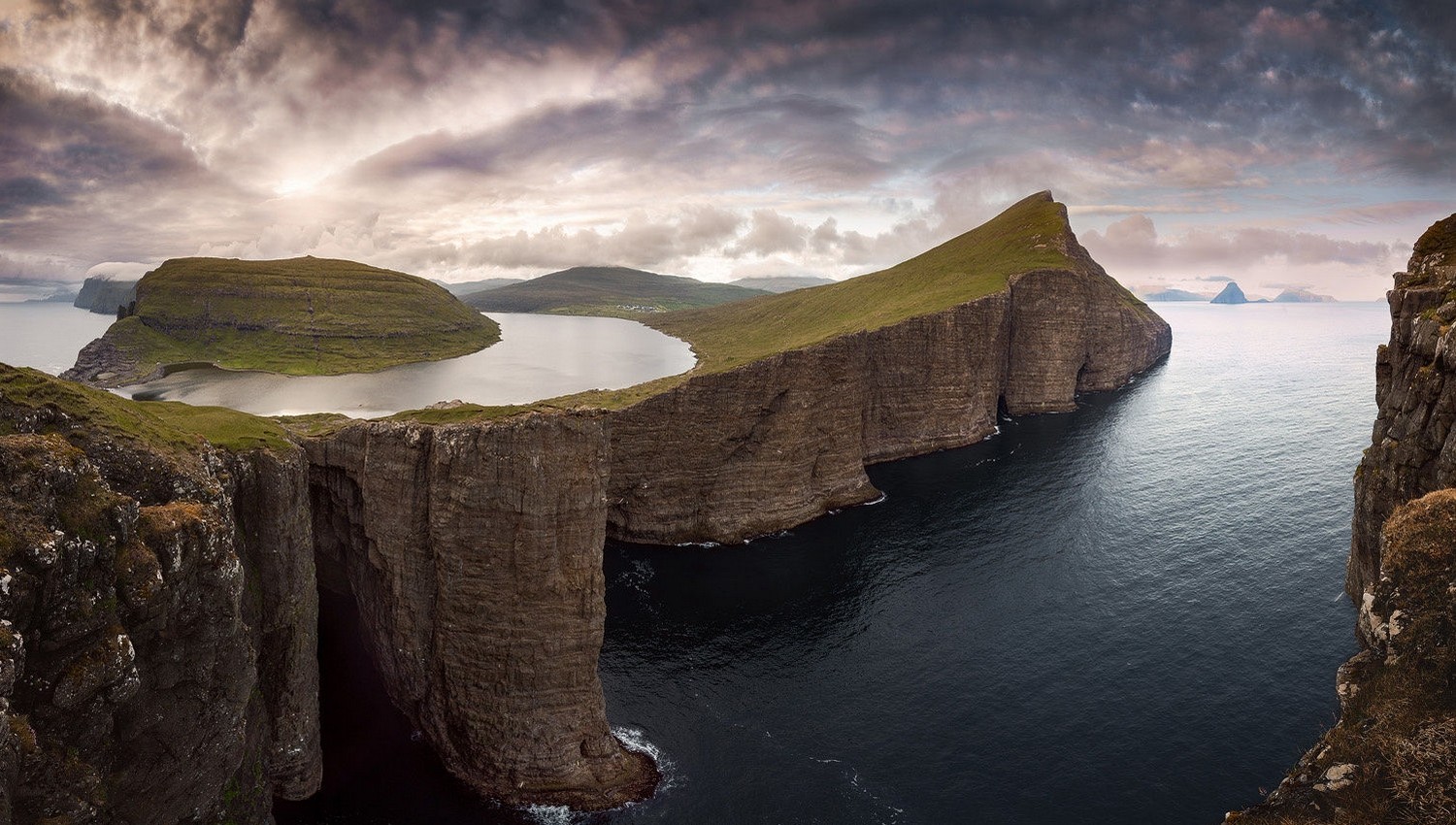 Nature Photography Landscape Cliff Sea Mountains Island Clouds Sunset Faroe Islands 1500x850