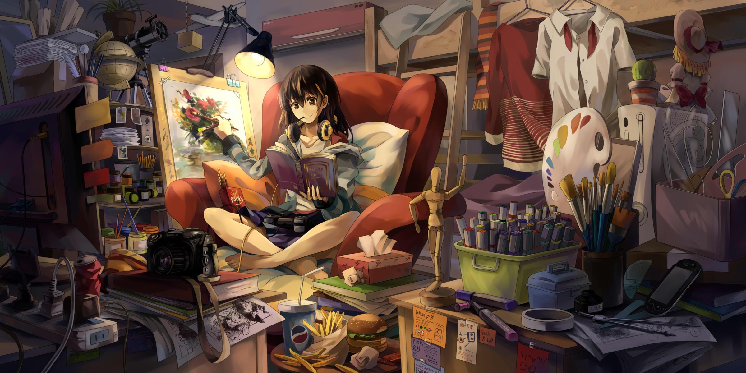 Anime Girls Room Original Characters Anime Interior Books Artwork Casual Clutter 2400x1200