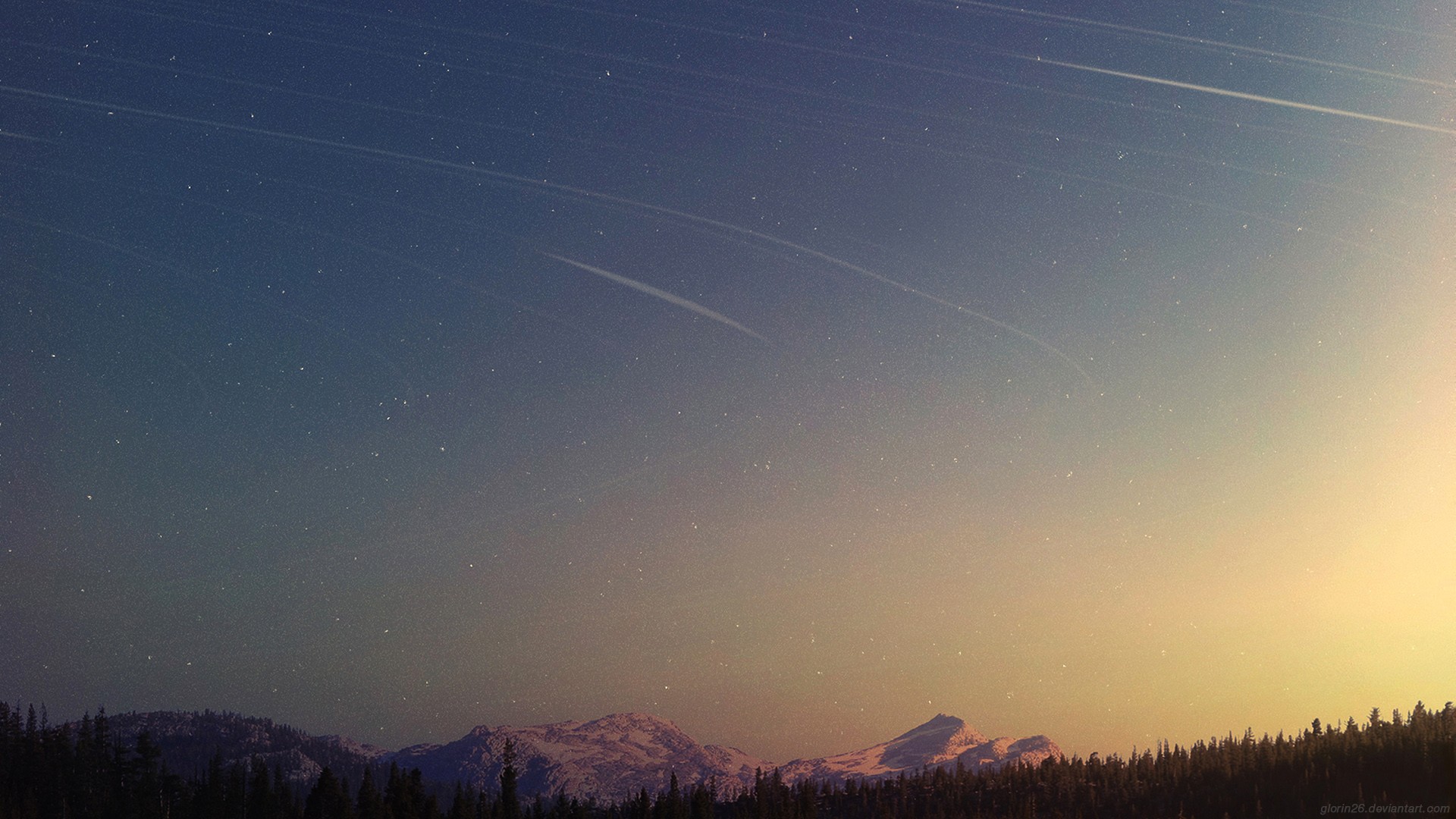 Stars Shooting Stars Space Mountains Forest Sunlight Sky Landscape Nature Watermarked 1920x1080