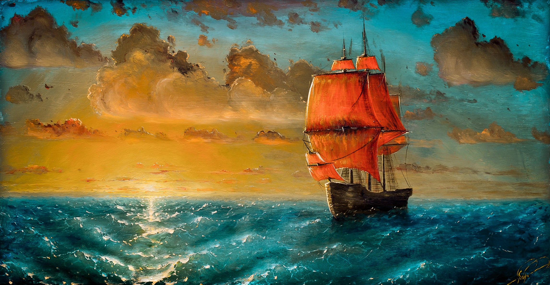 Artwork Ship Sky Painting Sailing Ship Sunlight Vehicle Rigging Ship 2293x1190