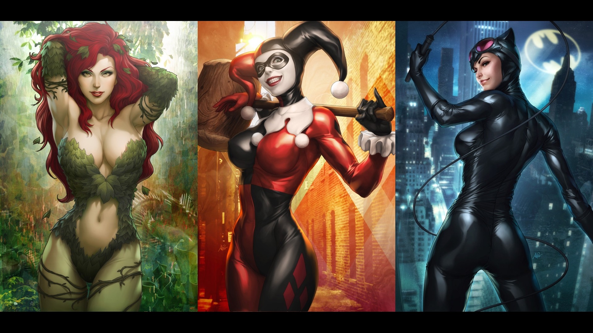 Poison Ivy Artgerm Catwoman Harley Quinn DC Comics Batman Stanley Lau Collage Gotham City Sirens 1920x1080