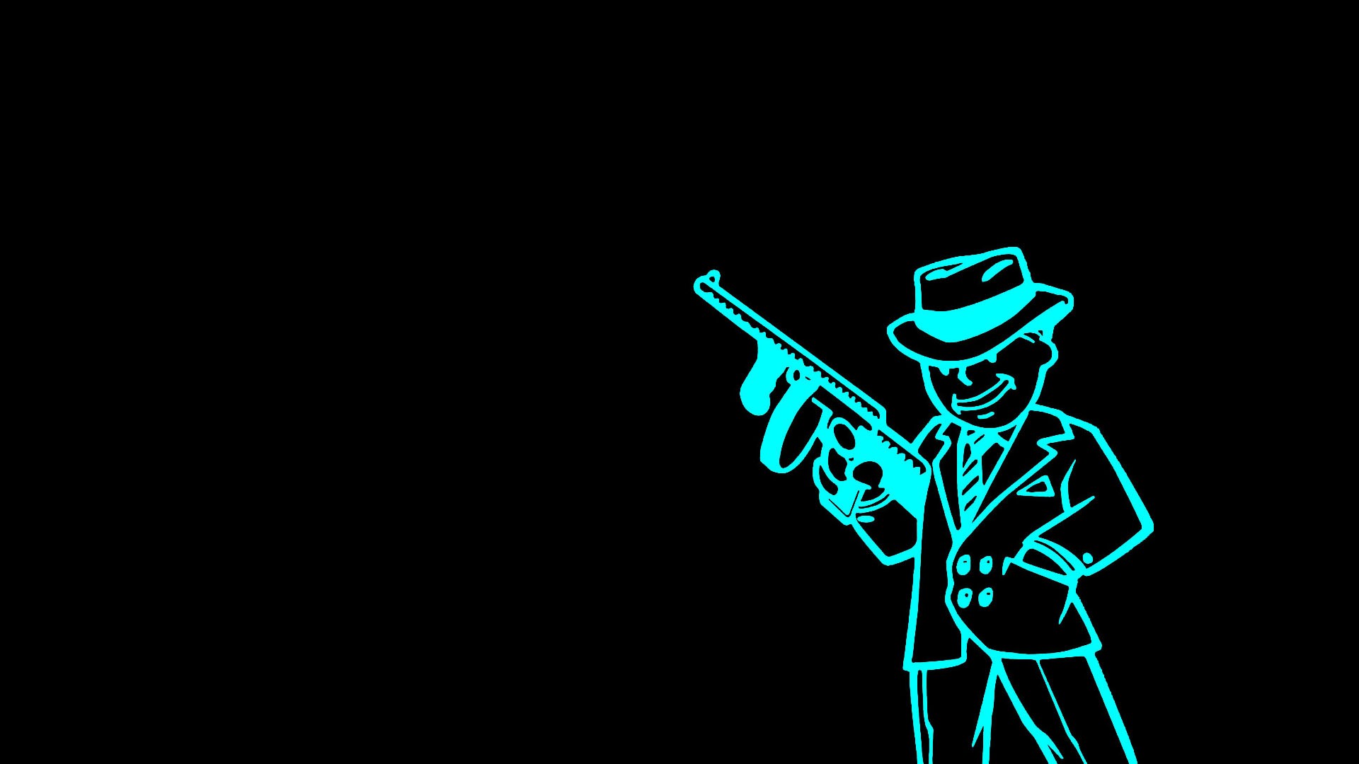 Fallout Vault Boy Minimalism Video Games Cyan Black Background Black Turquoise Tommy Gun 1920x1080