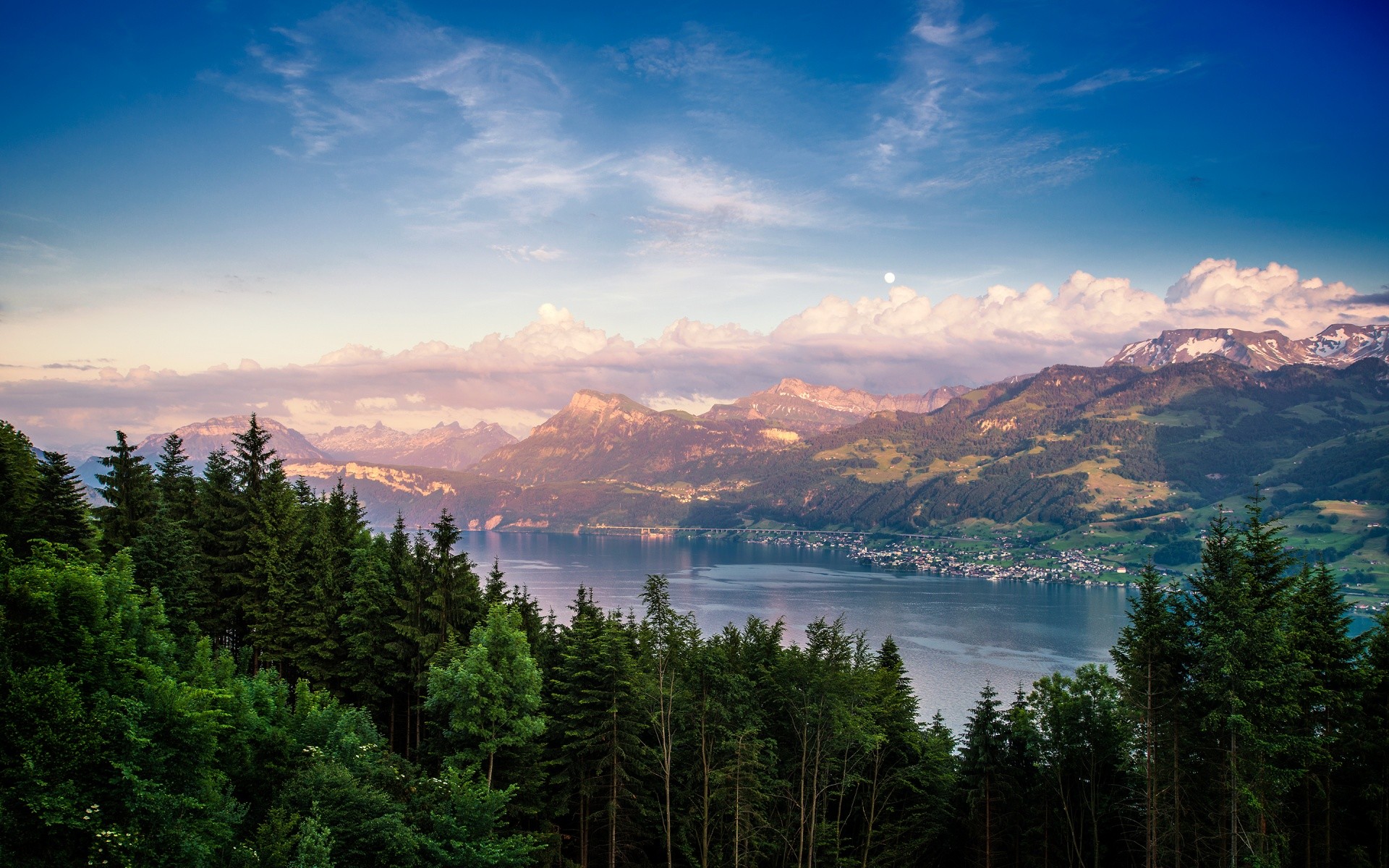 Nature Forest Landscape Lake Mountains Sunset Summer City Switzerland Clouds Trees Dominic Kamp 1920x1200