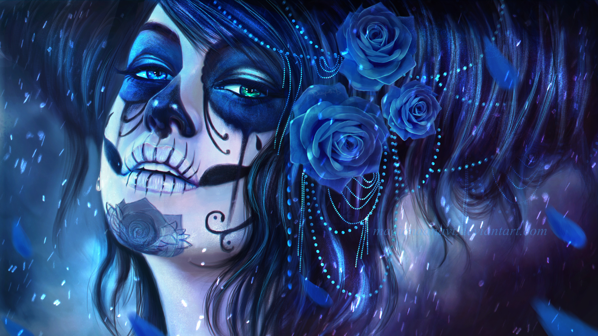 Sugar Skull MagicnaAnavi Rose Artwork Blue Flowers Dia De Los Muertos Skull Face Drawing Fantasy Art 1920x1080