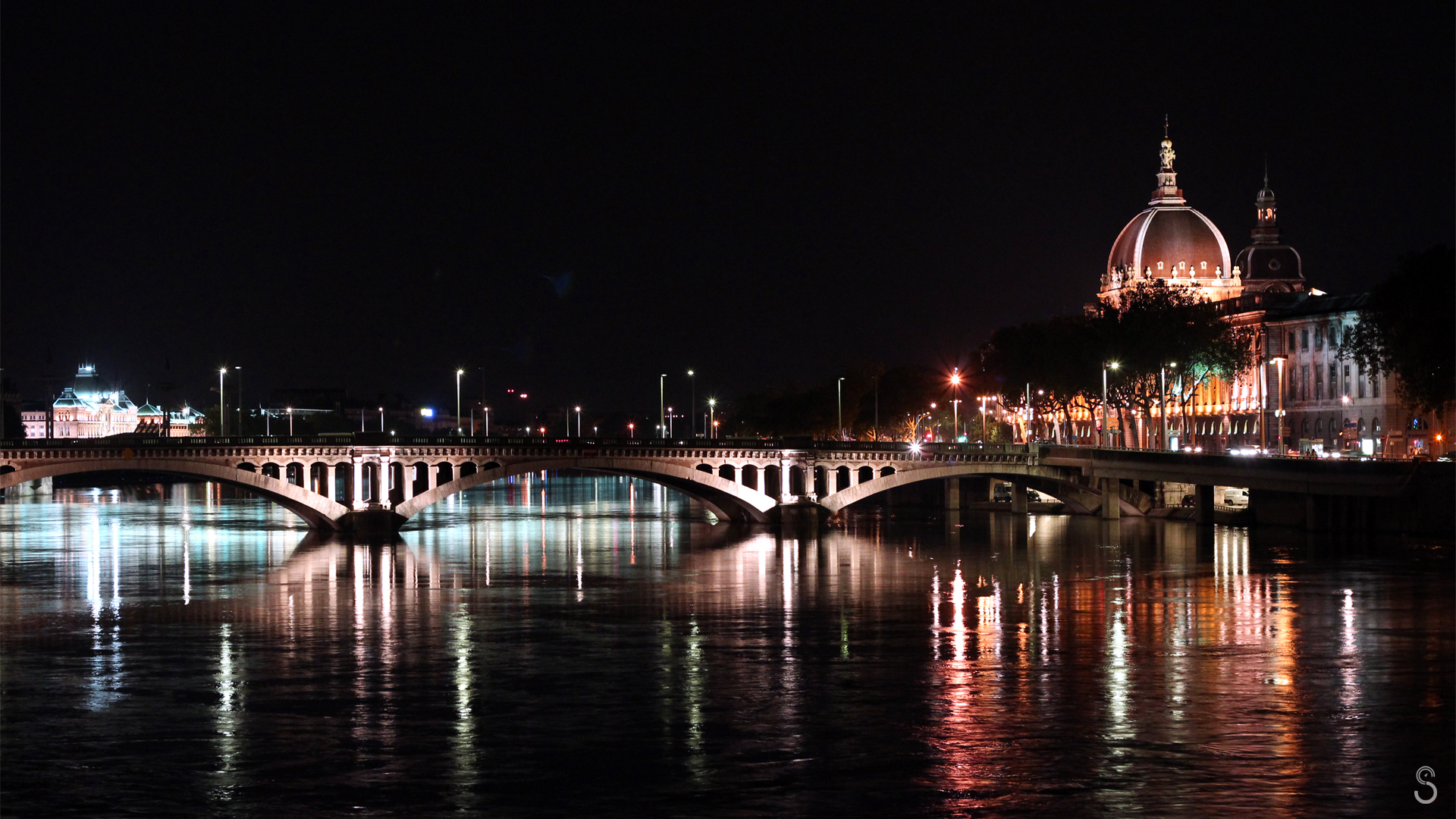 Lyon France Photography Night Colorful Lights Bridge Water Architecture Sky 1920x1080