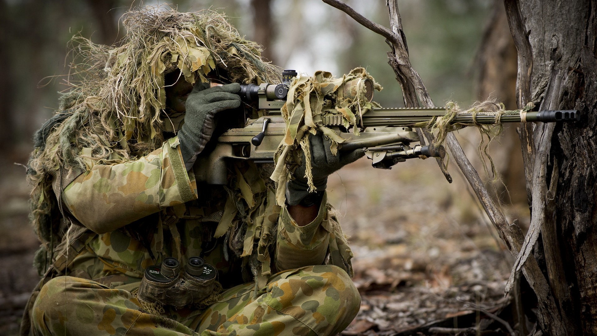 Men Soldier Sniper Rifle Uniform Hiding Binoculars Ghillie Suit Aiming Forest Rifles Weapon Trees Ca 1920x1080