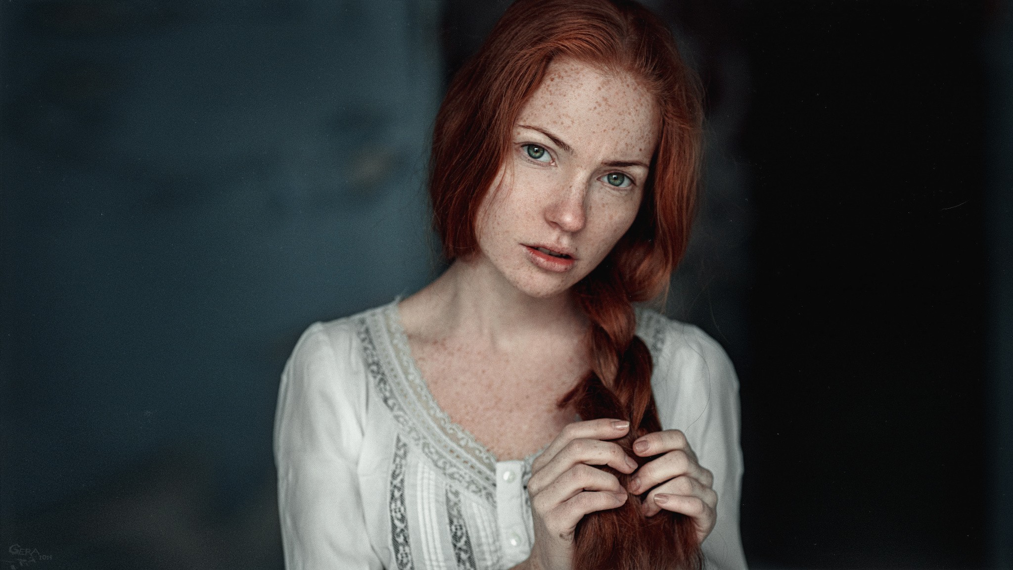 Women Face Redhead Freckles Green Eyes Braids Model Long Hair Looking At Viewer Open Mouth Oksana Bu 2048x1152