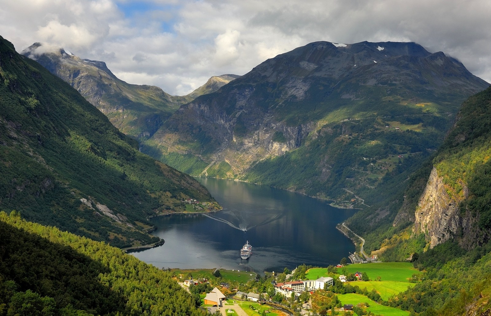 Nature Lake Mountains Norway Landscape Cruise Ship Forest Villages Hotel Summer Clouds Water Geirang 1600x1031