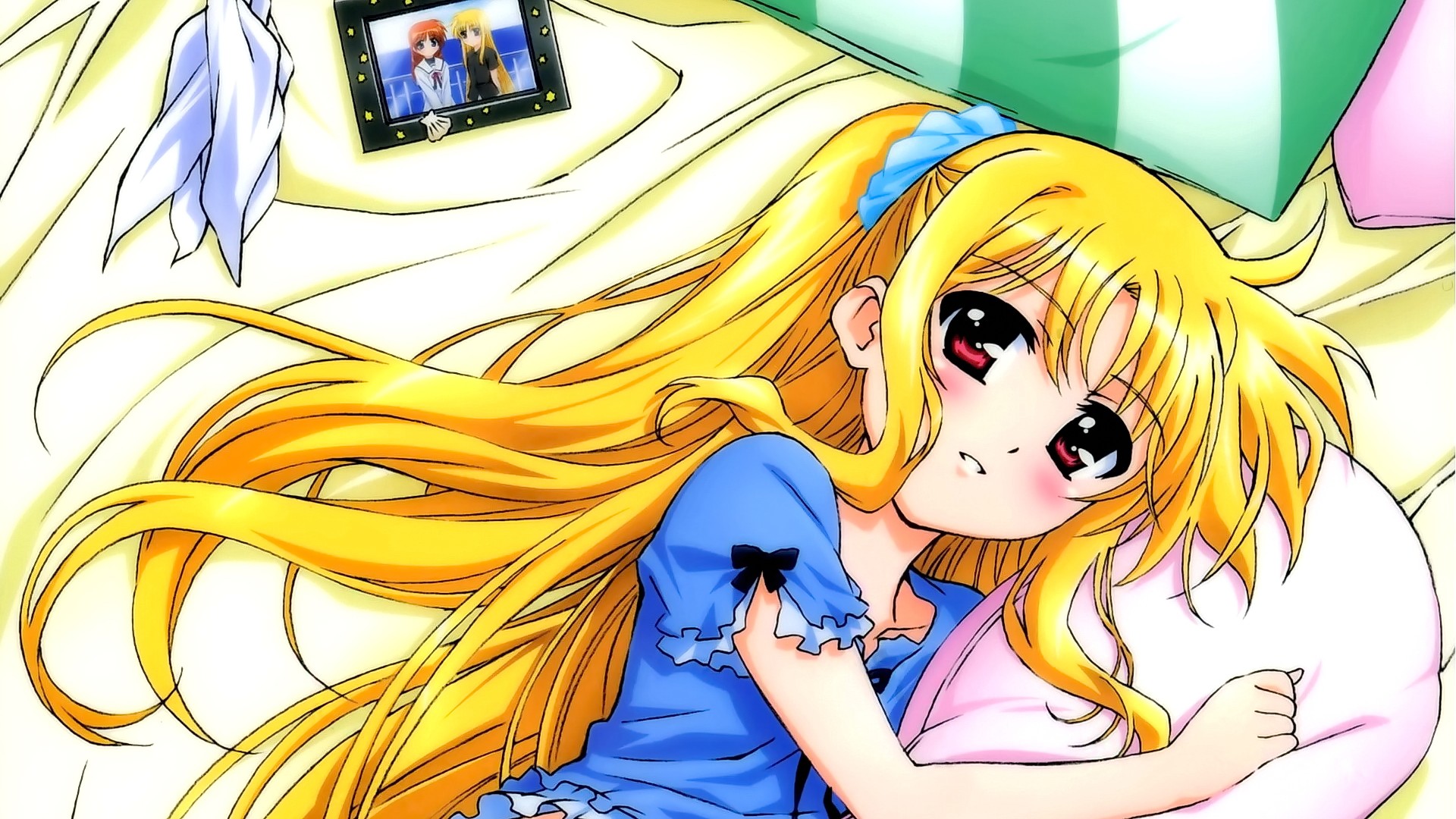 Anime Anime Girls Blonde Long Hair Red Eyes In Bed Smiling Looking At Viewer Mahou Shoujo Lyrical Na 1920x1080