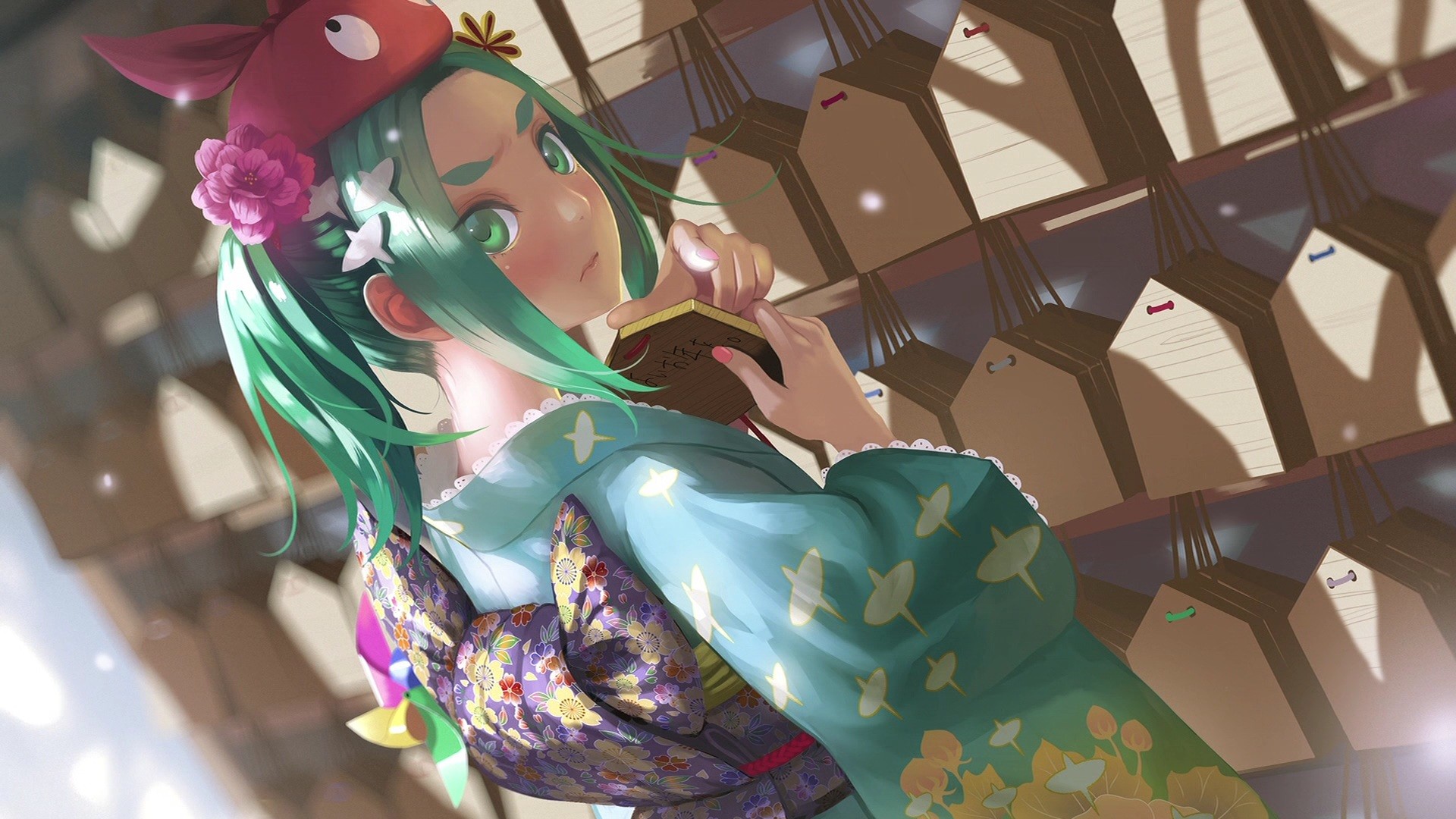 Ononoki Yotsugi Monogatari Series Blushing Green Eyes Green Hair Japanese Clothes Traditional Clothi 1920x1080