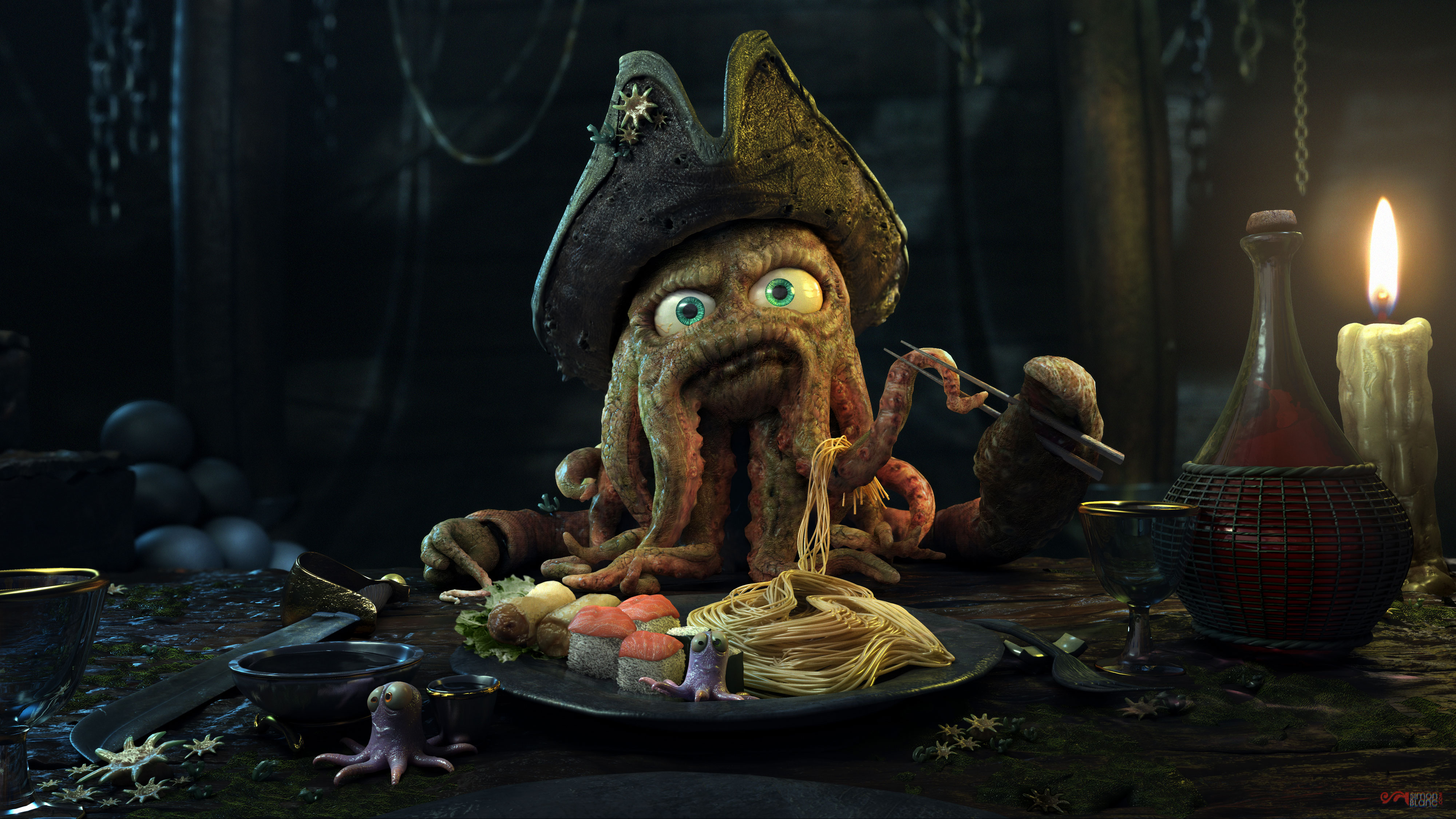 Pirates Humor Fantasy Art Tentacles Spaghetti Sushi Digital Art Render CGi 3D 4000x2251