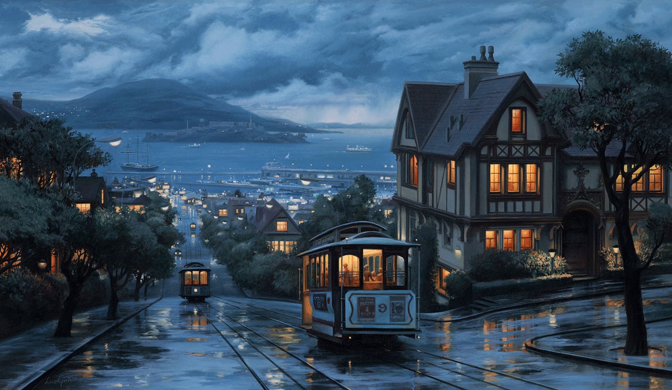 Landscape City Coast Street Artwork Wet Street Tram Night Clouds City Lights Blue Wet Alcatraz Paint 1379x800