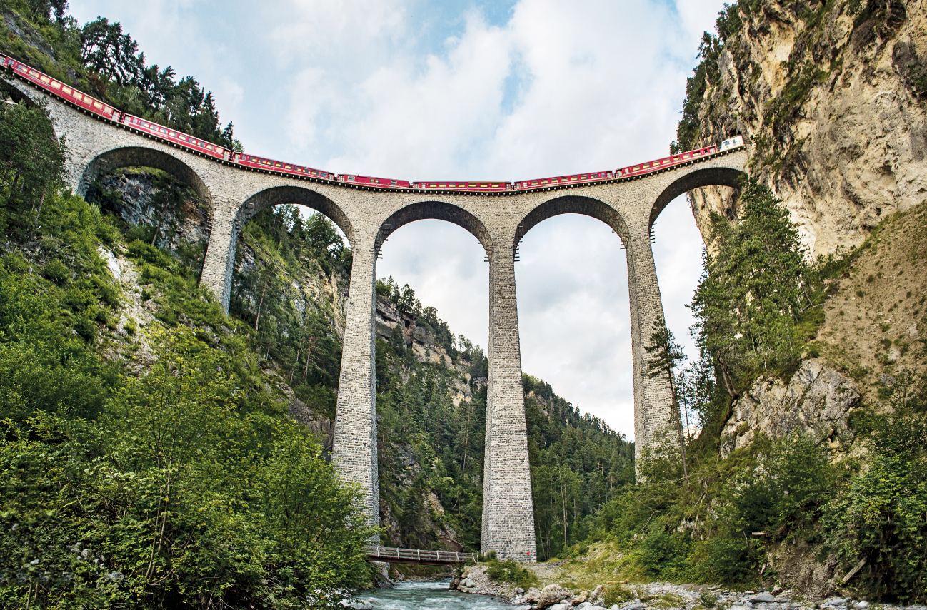 Nature Forest Bridge Train Switzerland Landwasser Viaduct Arch Low Angle 1298x855