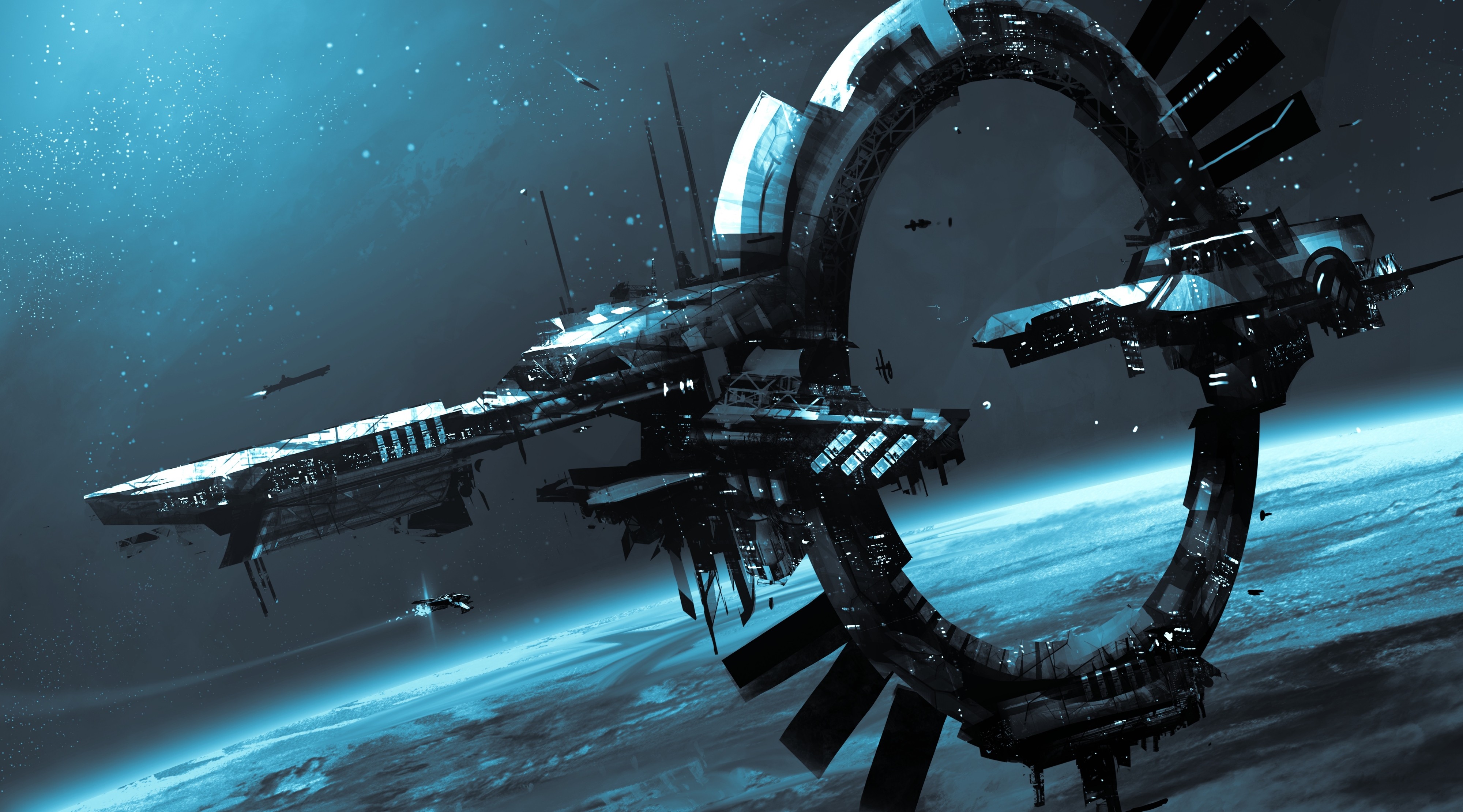Science Fiction Star Citizen Spacestation PC Gaming Video Game Art Cyan 4000x2221