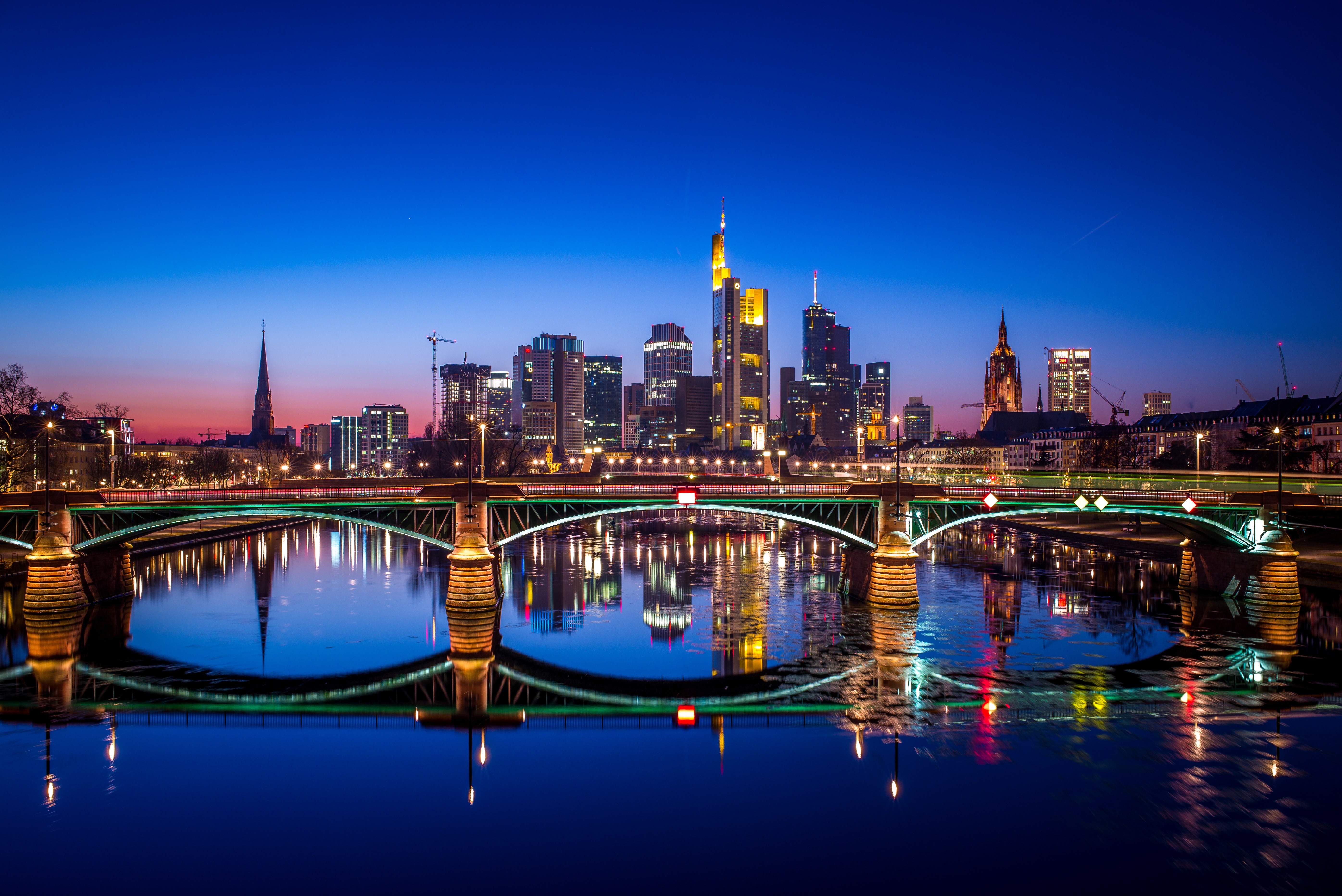 Frankfurt City Germany Night Bridge Reflection Building Light Skyscraper River 5582x3729