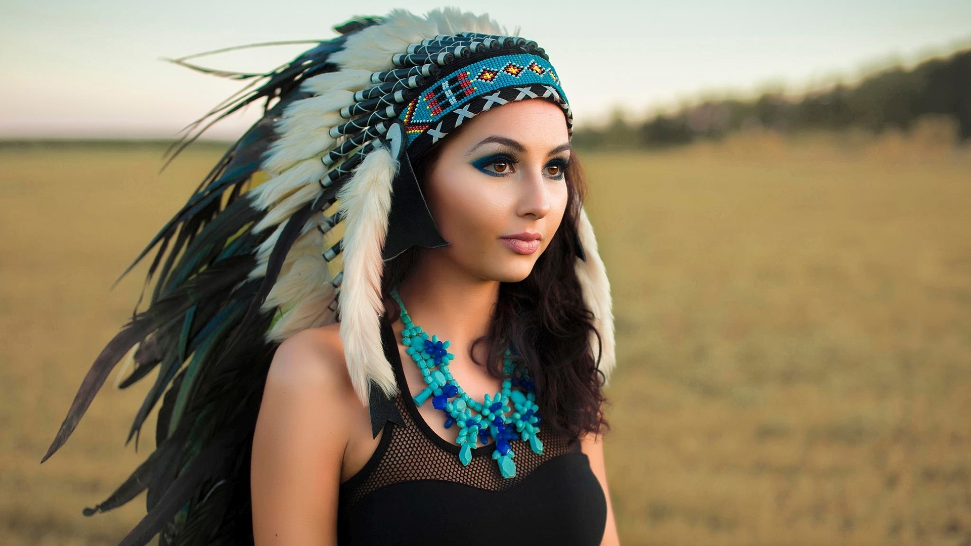 Women Brunette Indian Hat Women Outdoors Smoky Eyes Eyeliner Necklace Black Tops Tank Top Long Eyela 1920x1080