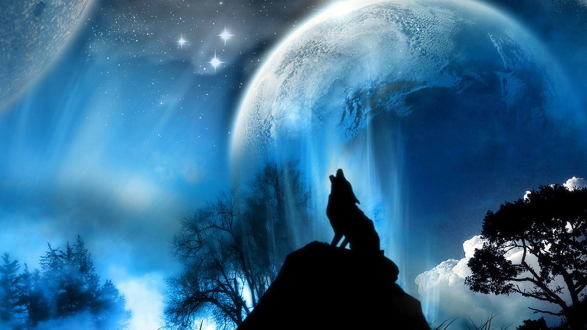 Fantasy Art Wolf Howling Sky Planet Night Sky Cyan Blue 1920x1080