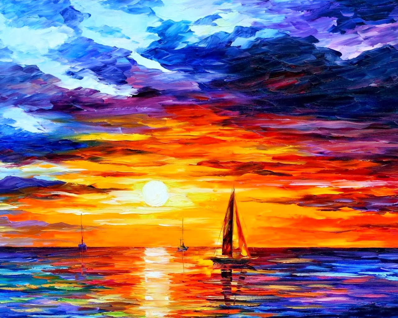 Leonid Afremov Painting Colorful Boat Sea Sunset Artwork Sky Sunlight 1280x1024