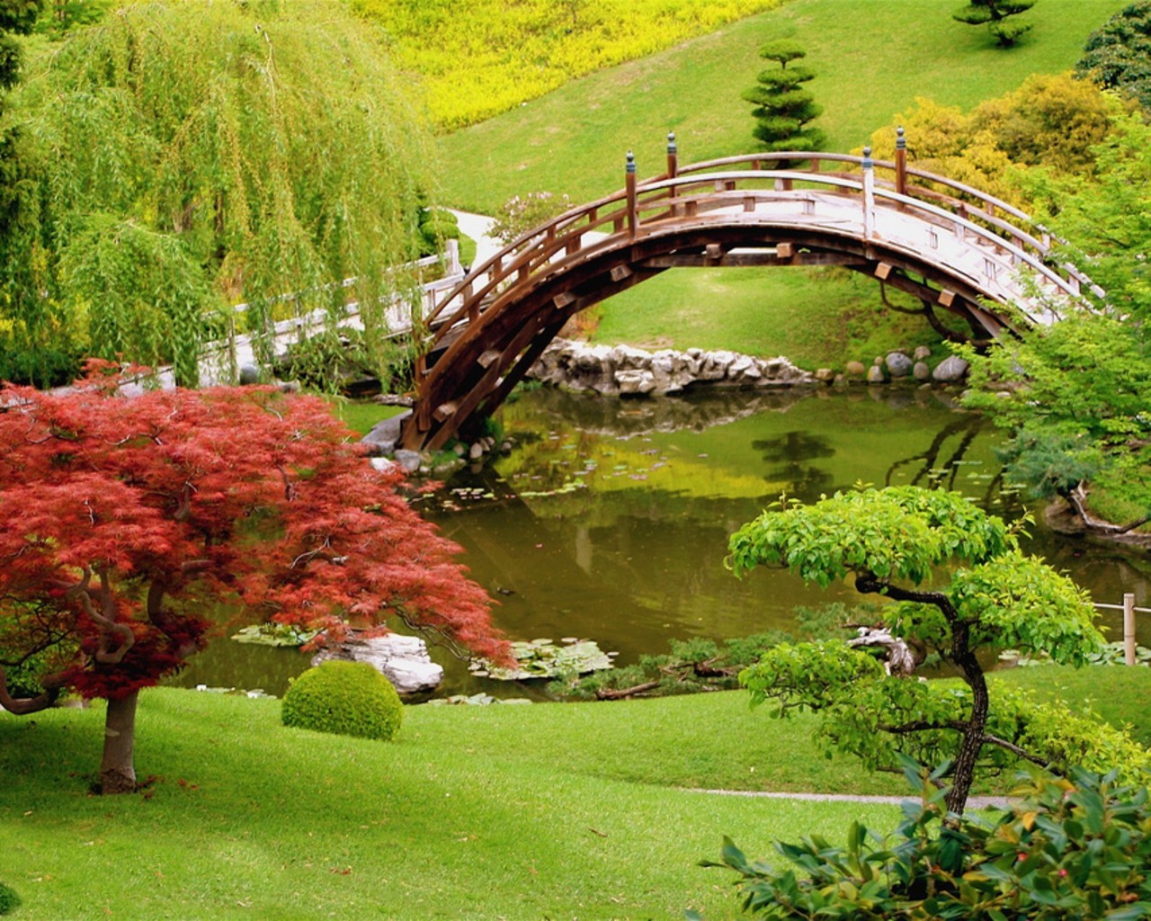 Wood Bridge Pond Garden Japanese Garden Bonsai 1280x1024
