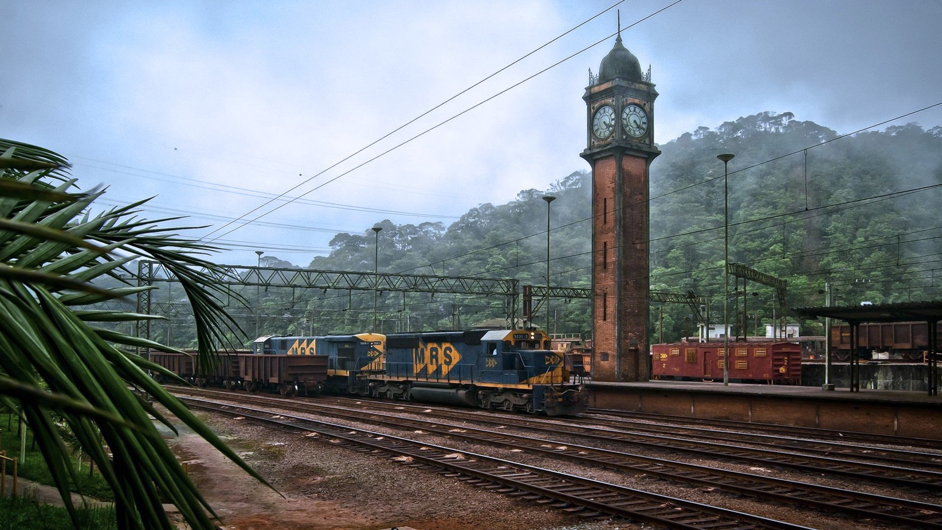 Train Railway Diesel Locomotive Train Station Tower Clocks Trees Brazil Leaves Clouds Sao Paulo 1920x1080