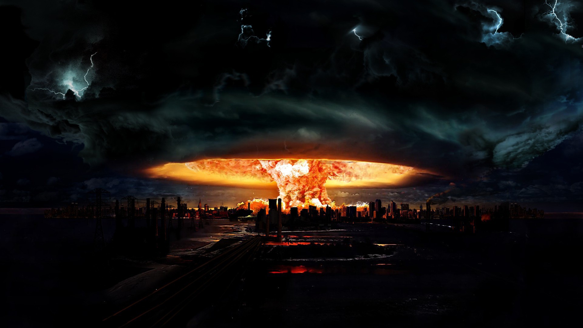 Nuclear Mushroom Clouds Fire Apocalyptic Explosion Atomic Bomb Digital Art Space Eruption 1920x1080