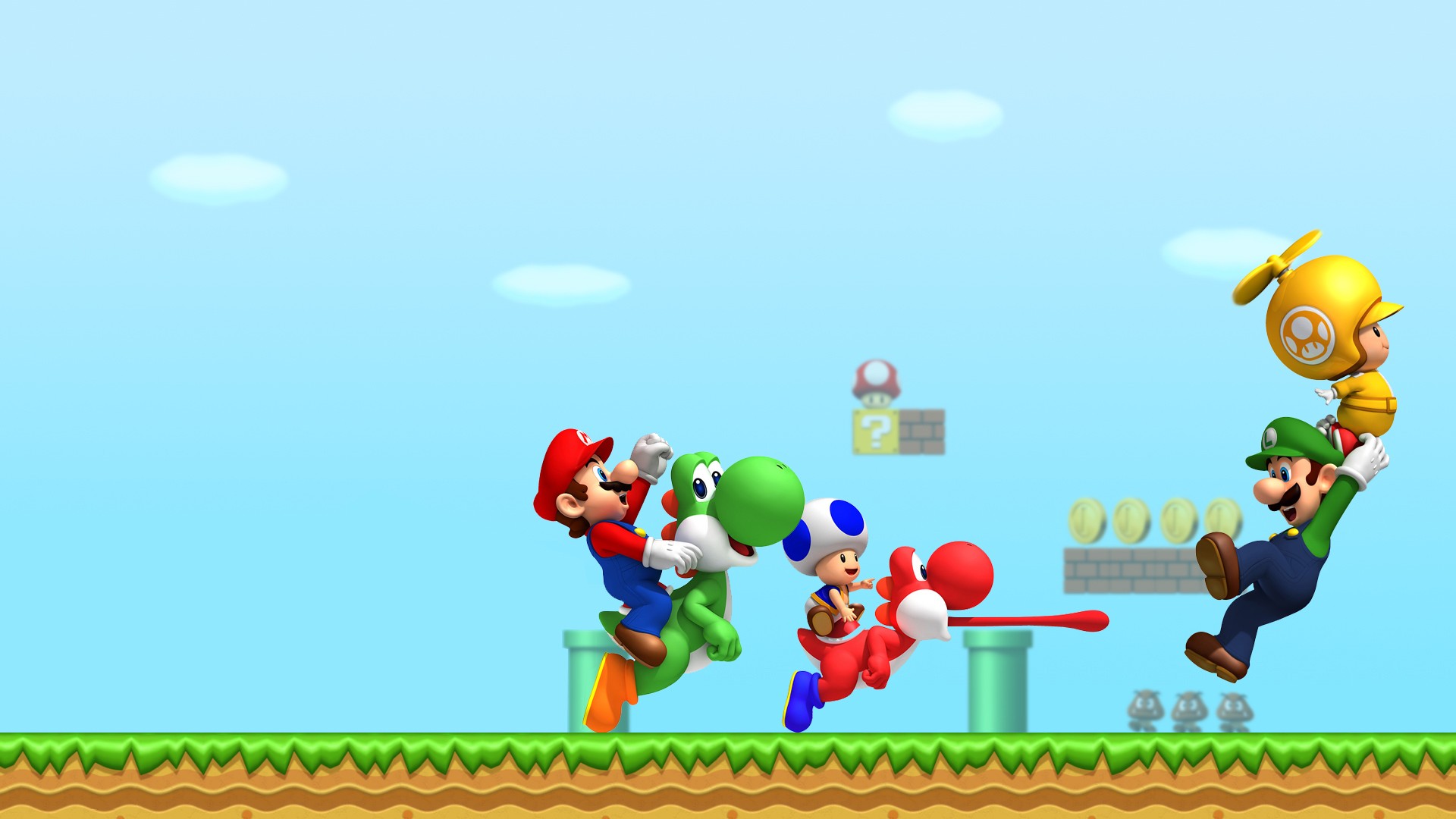Super Mario Luigi Yoshi Toad Character Video Games Digital Art 1920x1080