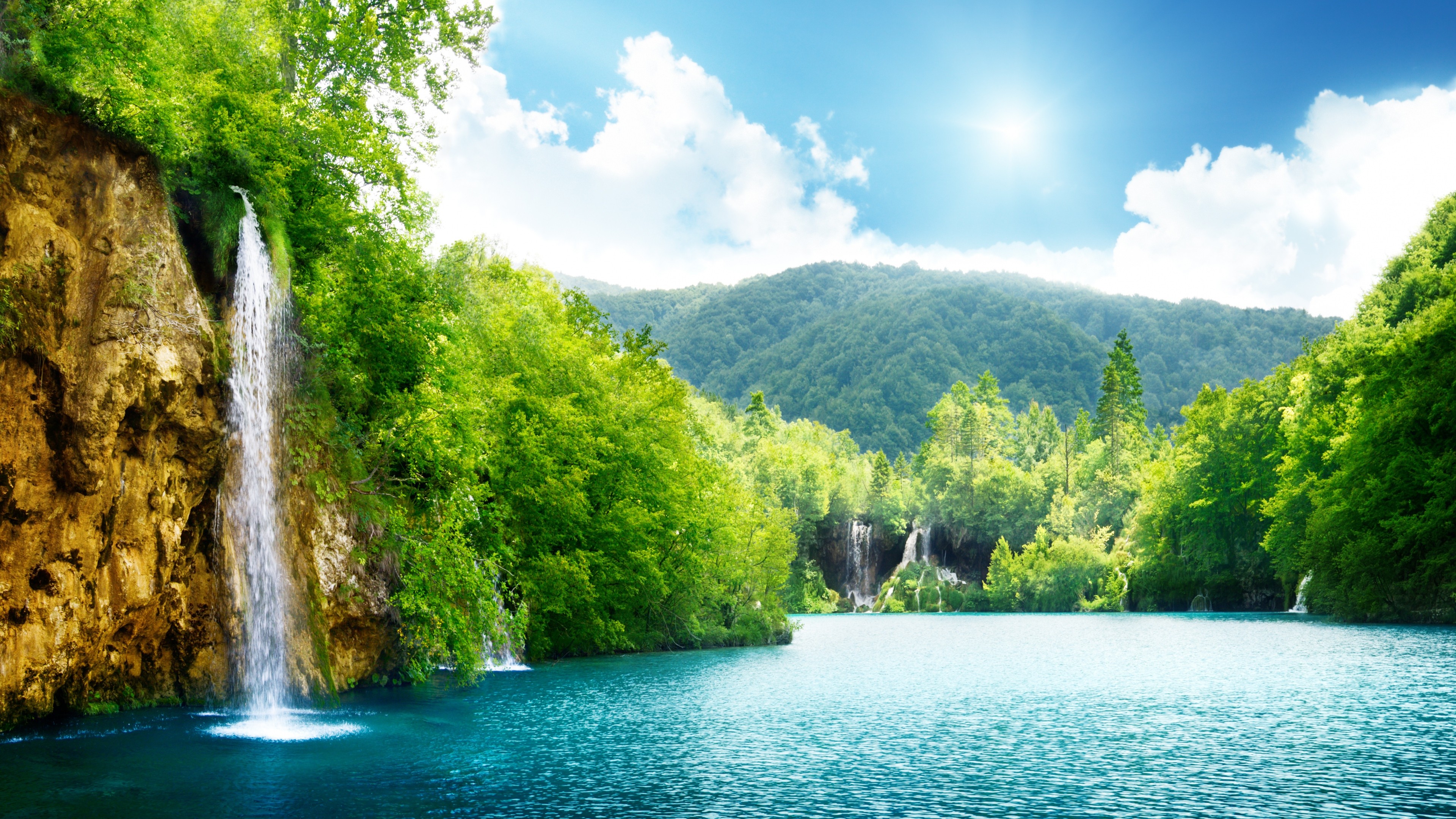 Landscape Lake Waterfall Trees Hill Plitvice Lakes National Park 3840x2160