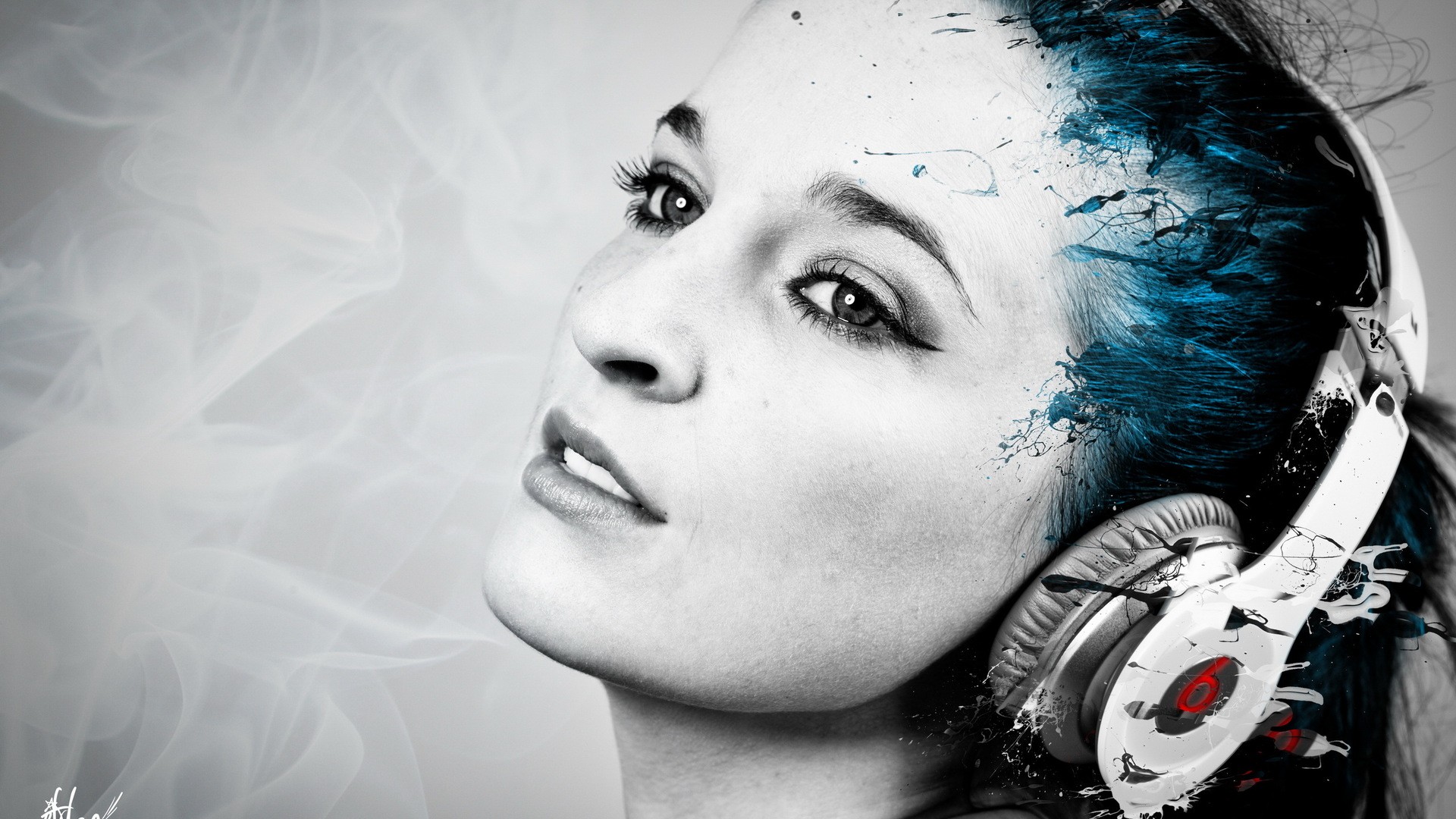 Beats Headphones Women Blue Hair Selective Coloring Face 1920x1080
