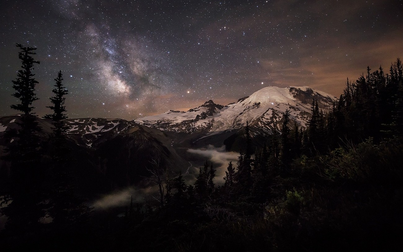Nature Landscape Moonlight Mountains Forest Mount Rainier Snowy Peak Starry Night Milky Way Galaxy L 1300x812