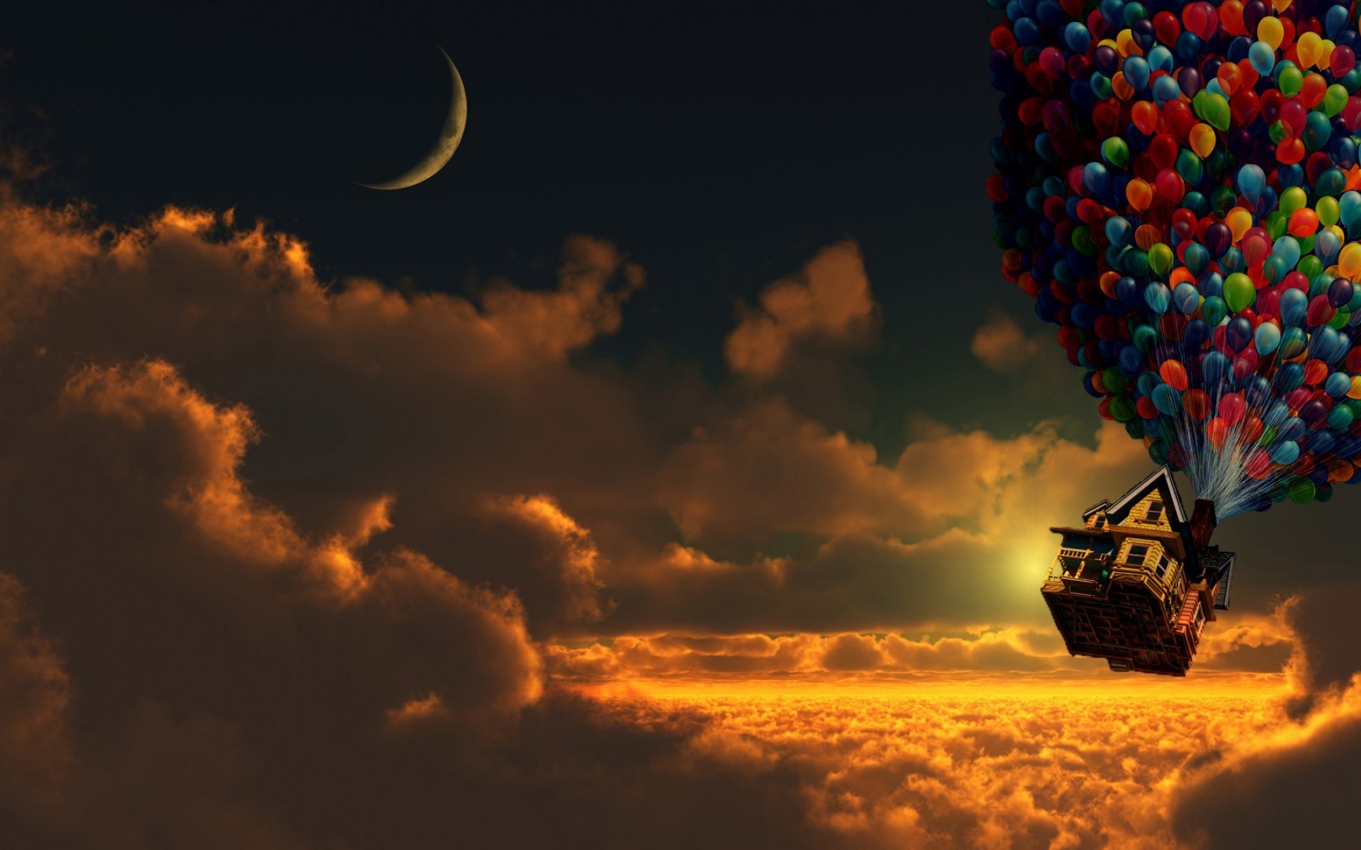 Up Movie Sunset Balloon House Moon Crescent Moon Clouds 1920x1200