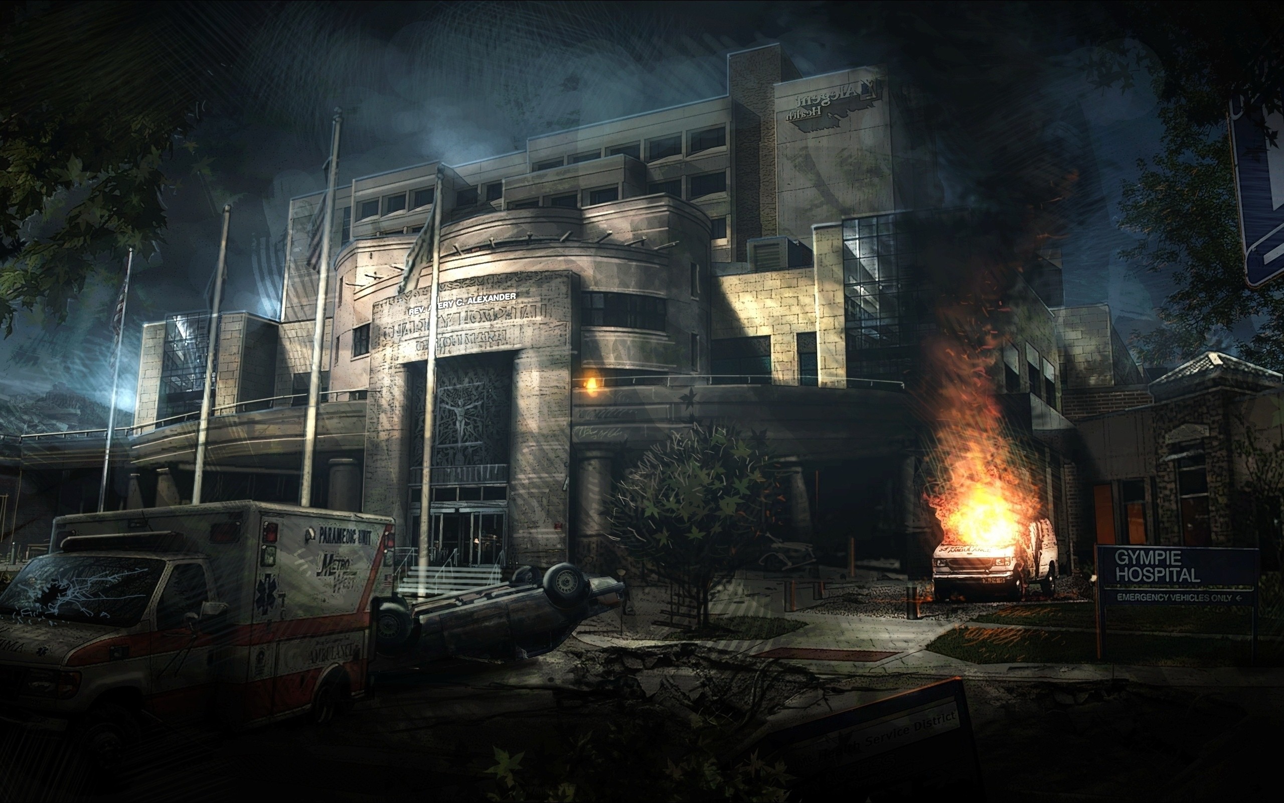 Fire Hospital Ambulances Concept Art Apocalyptic Abandoned Abandoned City Video Games 2560x1600