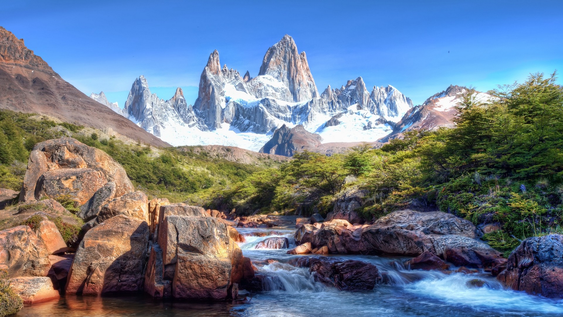Nature HDR Landscape River Fitz Roy Argentina Chile Mountains Summit Snow Clear Sky Blue 1920x1080
