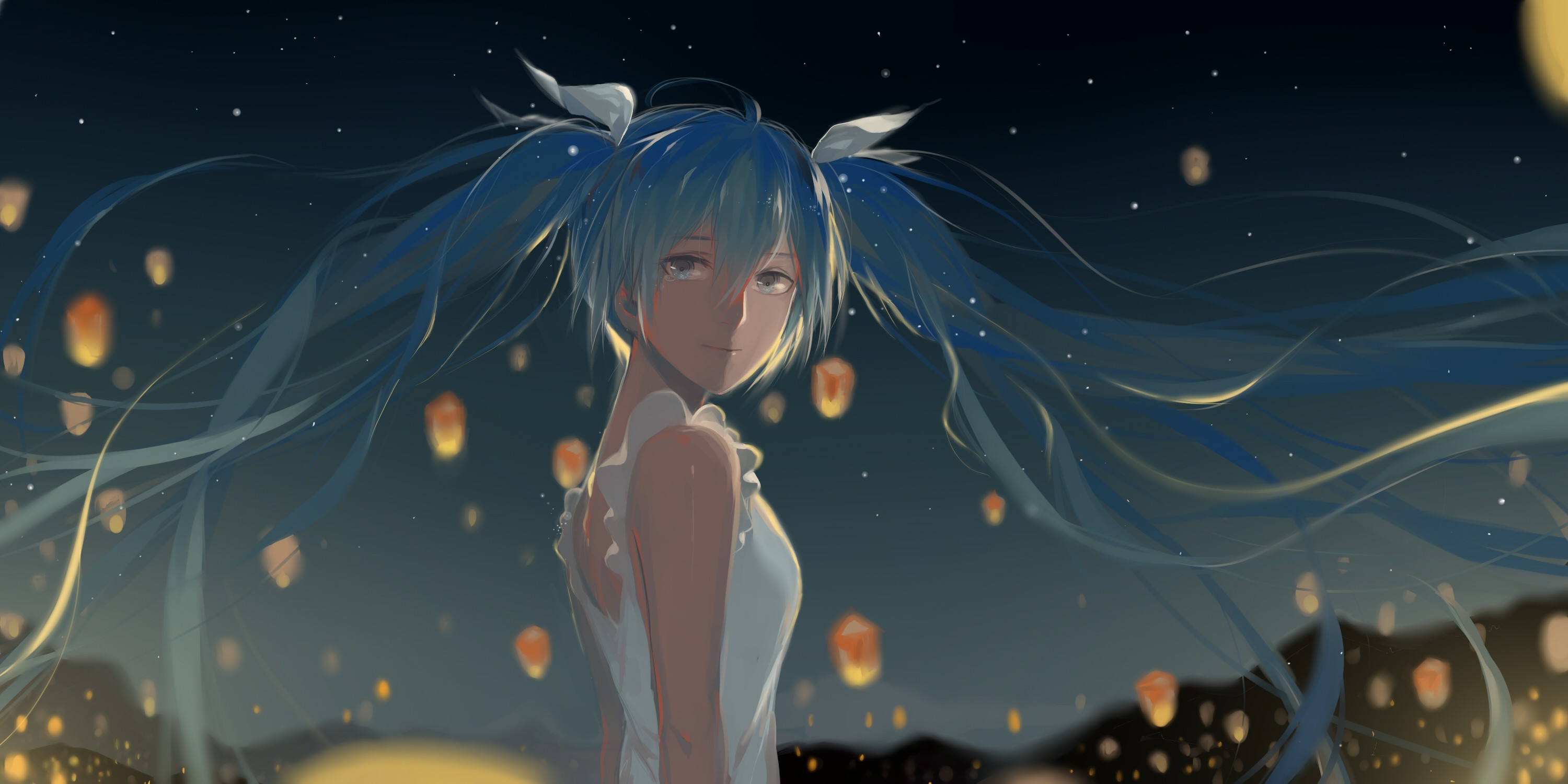 Vocaloid Sky Lanterns Blue Hair Twintails Anime Girls Anime 3000x1500