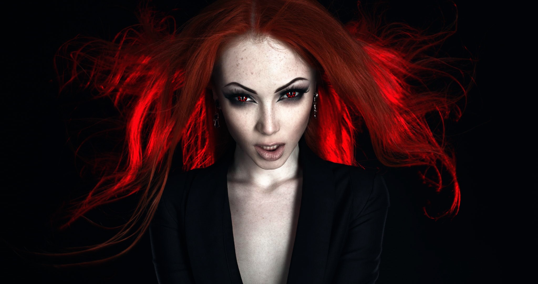 Women Model Roman Filippov Redhead Fake Iris Creepy Smoky Eyes Black Dress Red Eyes 2048x1080