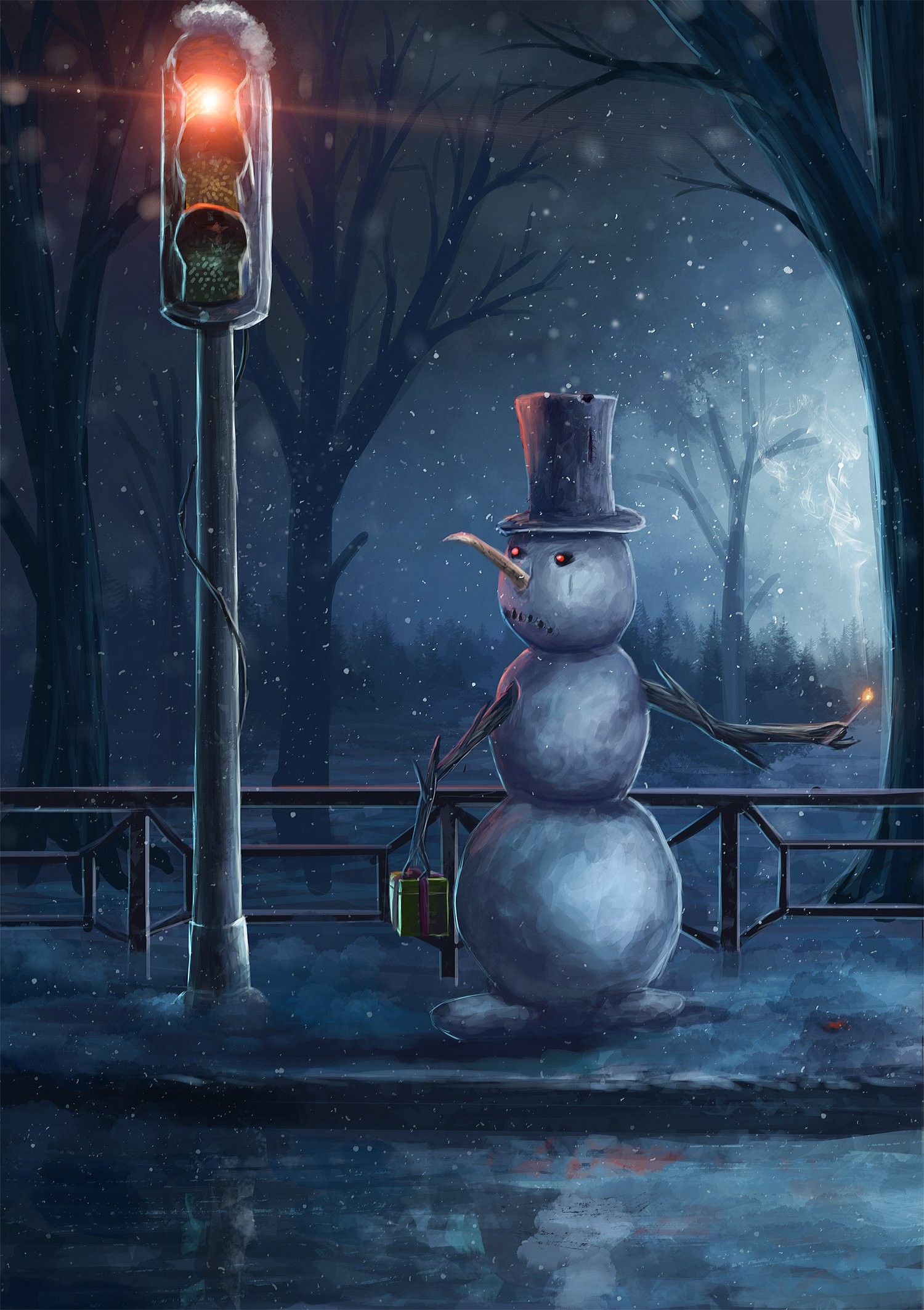 Drawing Snow Winter Snowman Top Hats Branch Snowflakes Traffic Lights Trees Presents Sad Red Eyes Po 1500x2126