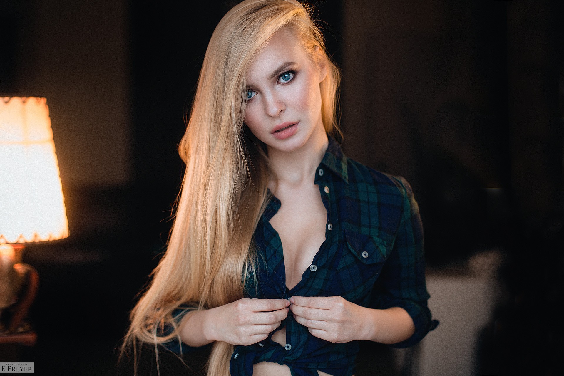 Women Victoria Pichkurova Blonde Portrait Face Evgeny Freyer Blue Eyes Plaid Shirt 1919x1280