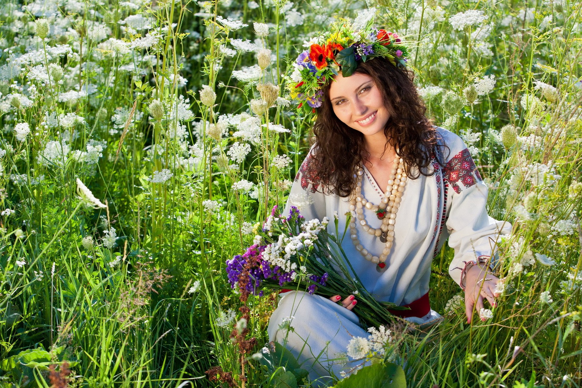 Women Model Brunette Women Outdoors Flowers Nature Field Flower In Hair Hippie Curly Hair Wreaths 1920x1280