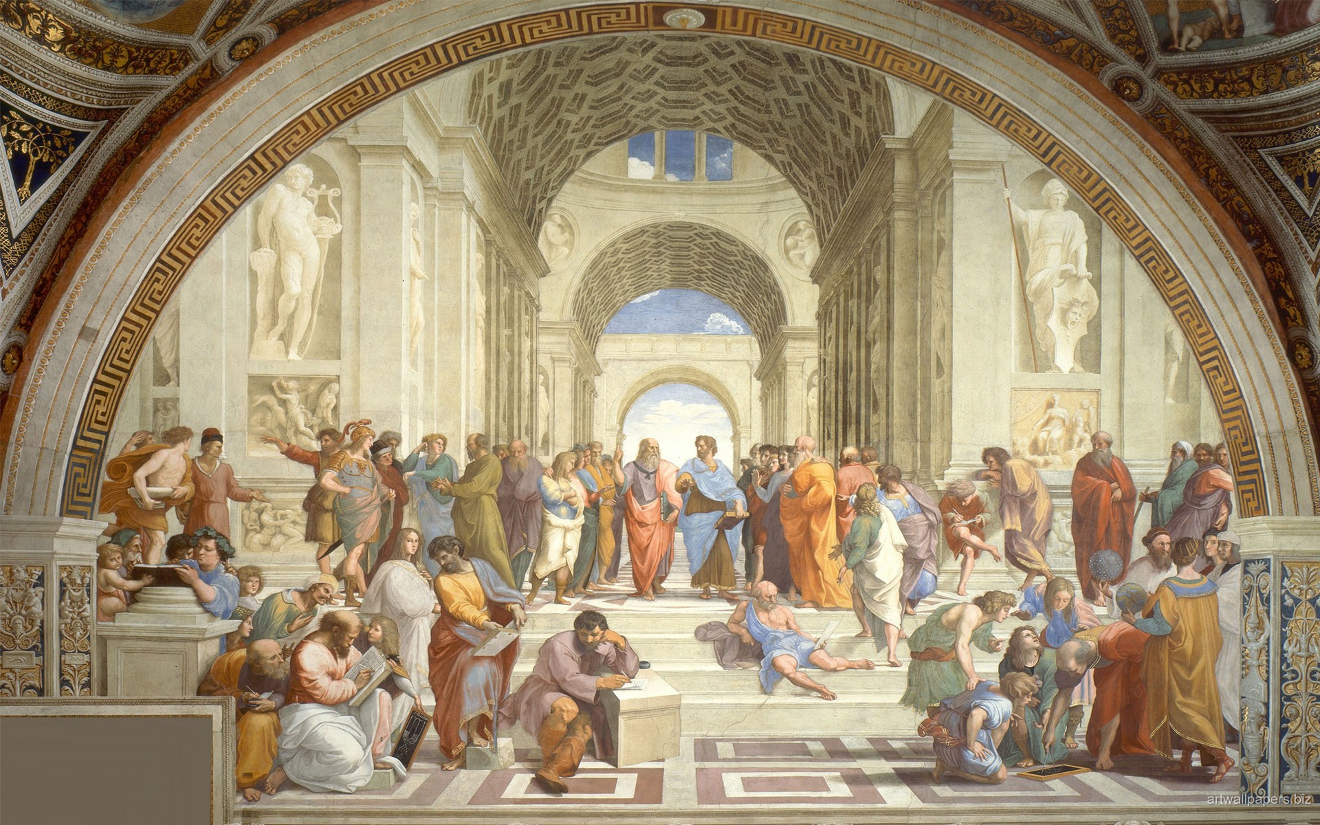 Raphael Athens Philosophy Arch Architecture Painting Students Steps Classic Art Socrates Greek Philo 1920x1200