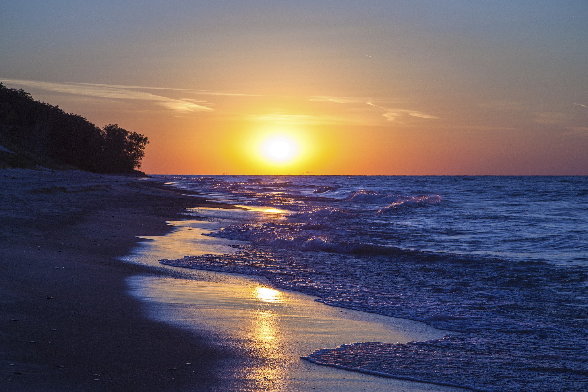 Beach Sunlight Lake Michigan Sunset 2048x1366