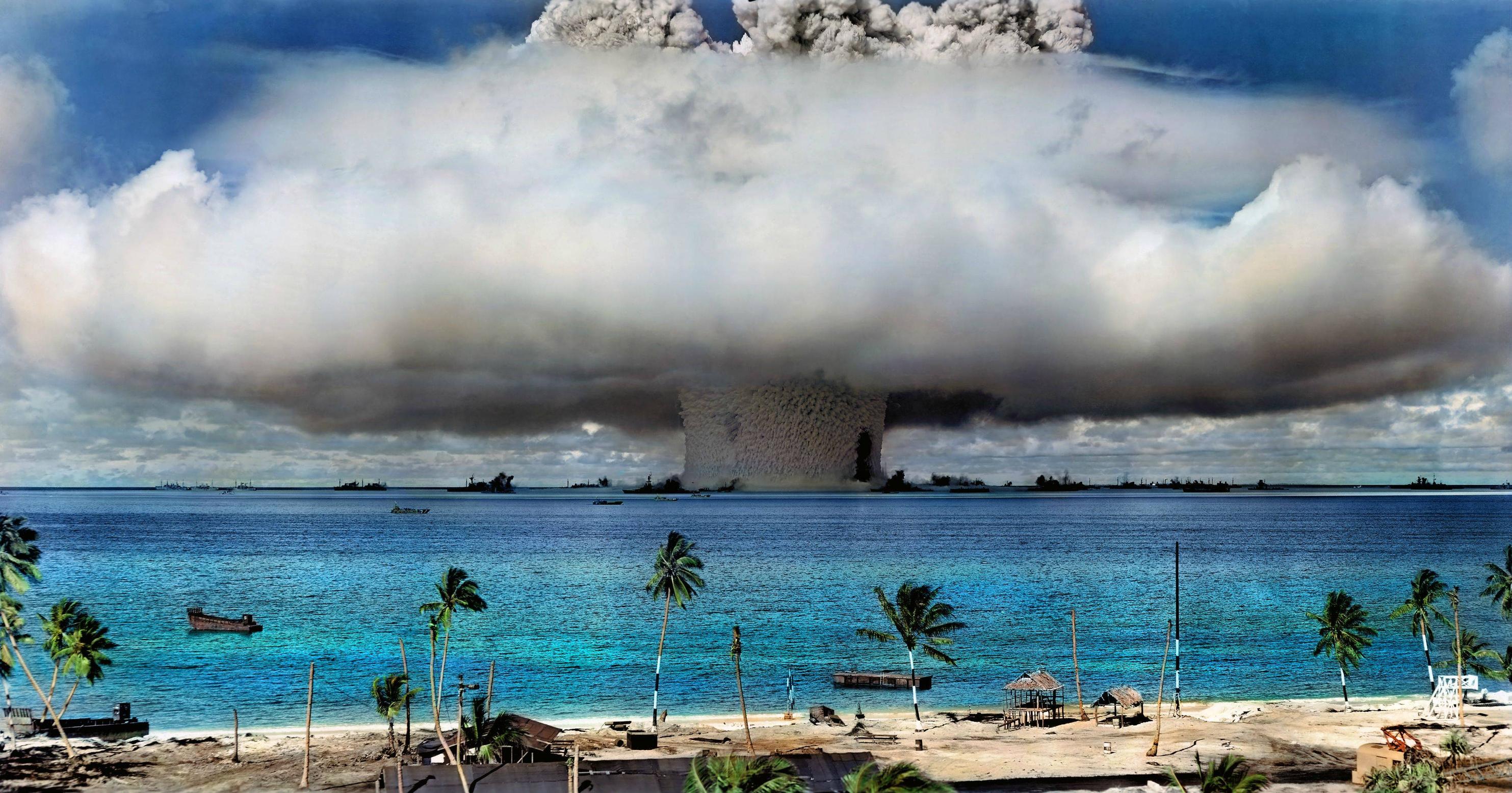 Nuclear Nature Water Trees Beach Explosion Palm Trees Colorized Photos 2966x1557