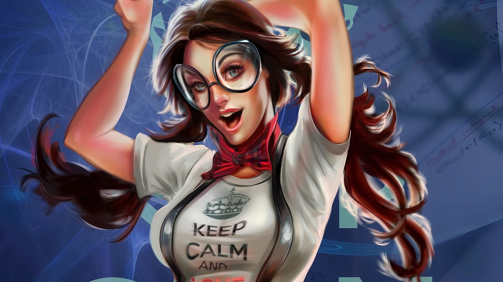 Anime Anime Girls Keep Calm And Glasses Brunette Long Hair Realistic Open Mouth Blue Eyes Looking At 1920x1080