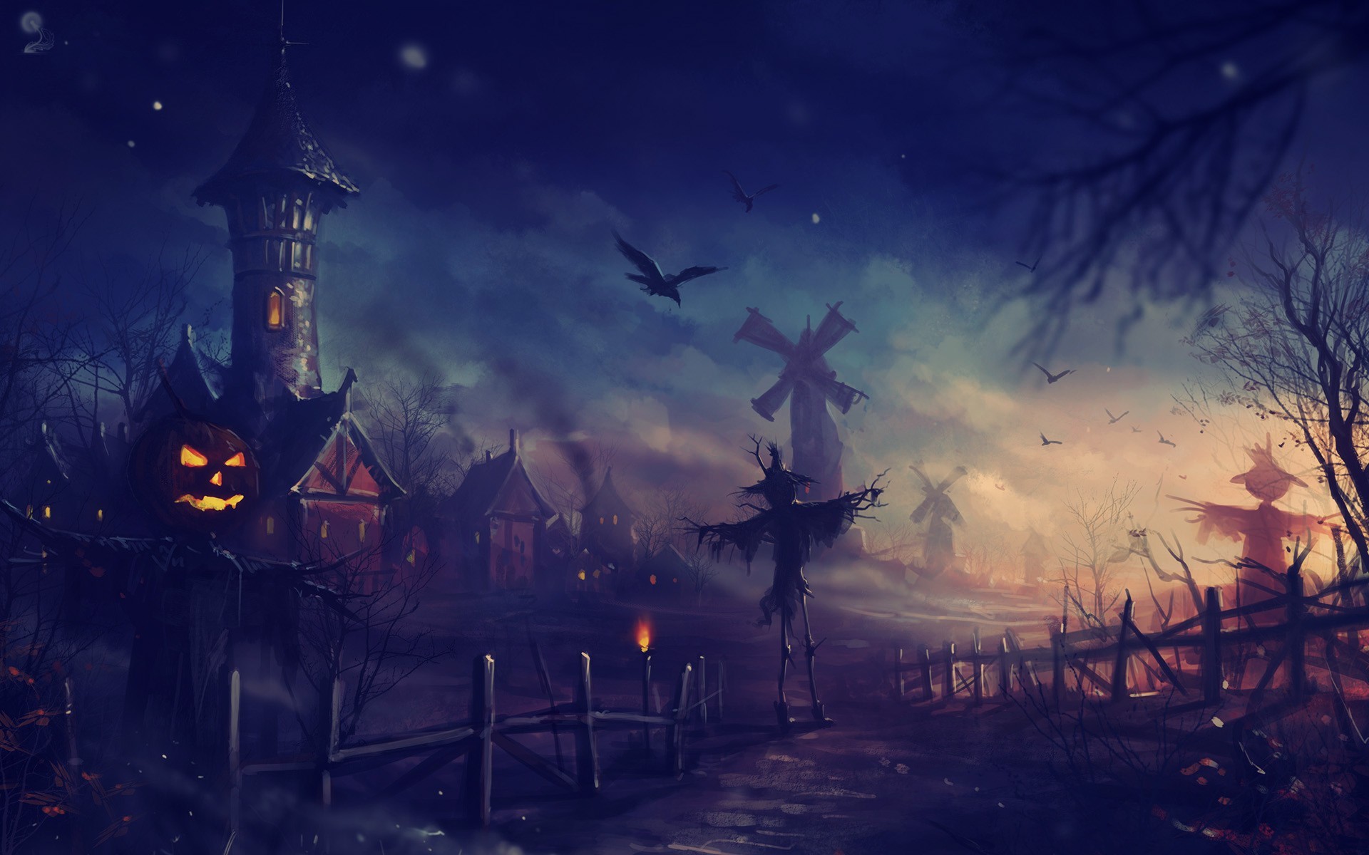 Halloween Scarecrows Pumpkin Jack O Lantern Crow Windmill Haryarti Fantasy Art 1920x1200